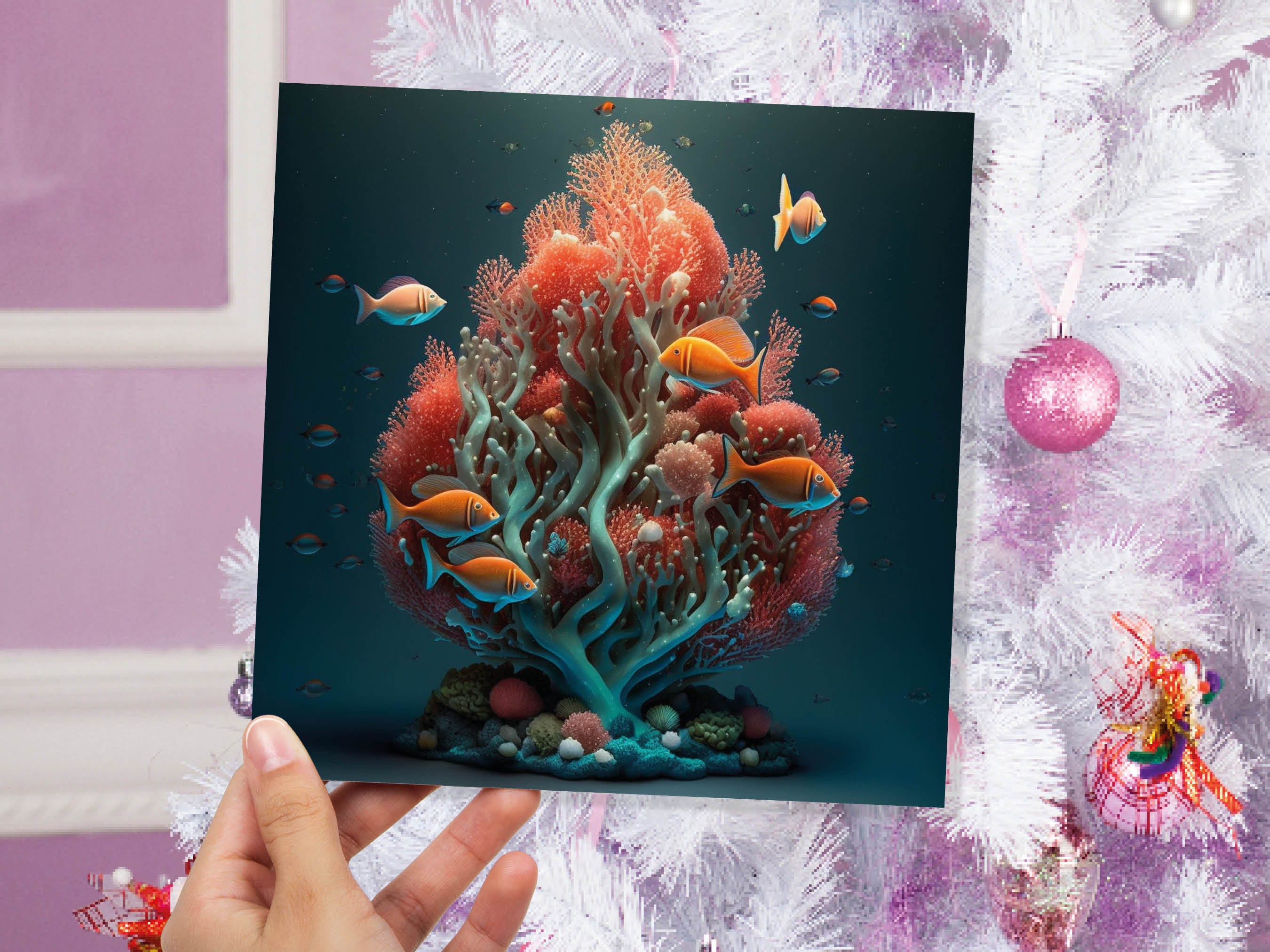 Ocean Christmas Tree Card Underwater Coral Scene Aqua Blue and Orange Sea Life Swim Fish Unique Greetings Cards For Family Friends Xmas 2025 - View 2