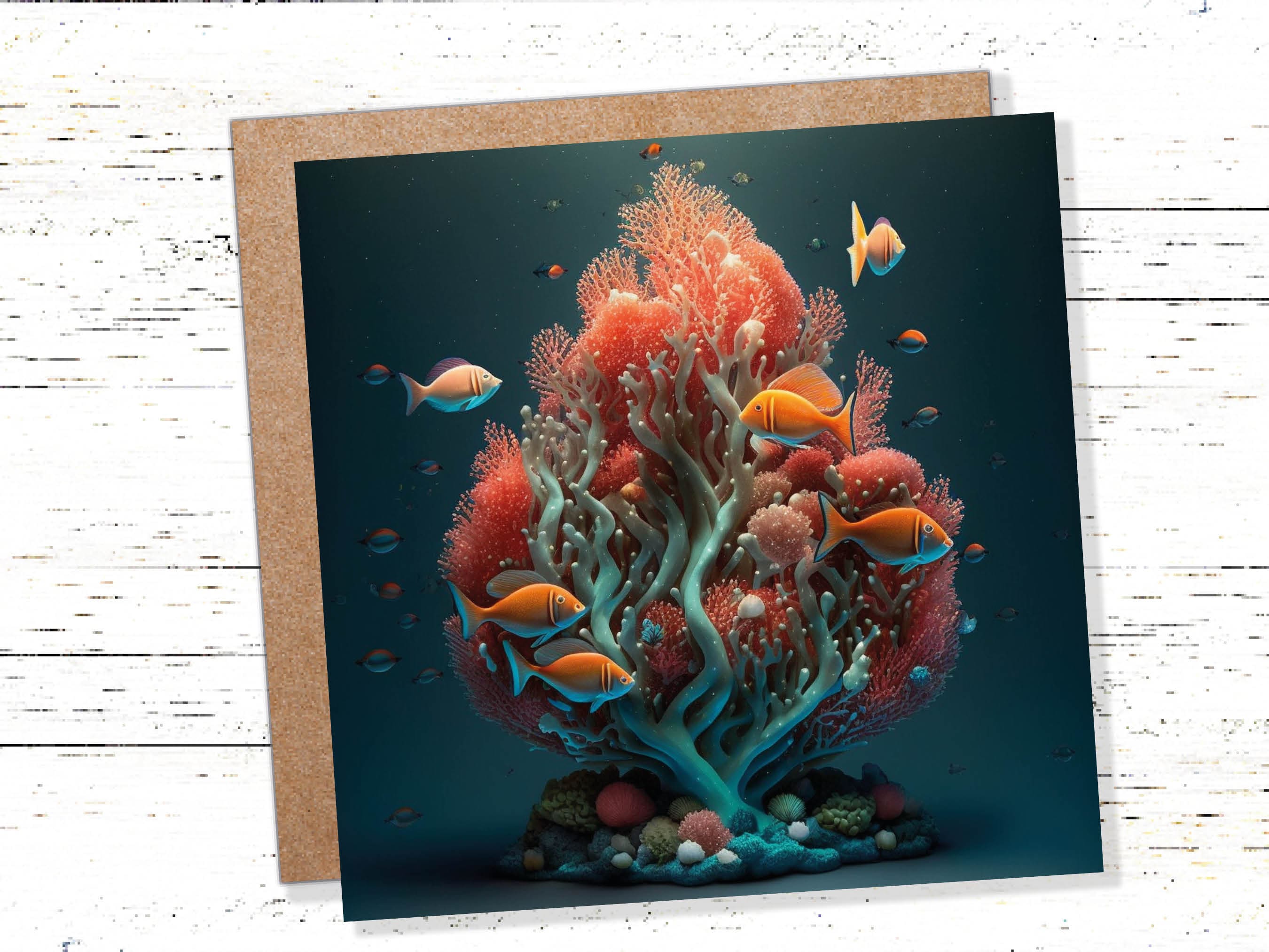 Ocean Christmas Tree Card Underwater Coral Scene Aqua Blue and Orange Sea Life Swim Fish Unique Greetings Cards For Family Friends Xmas 2025