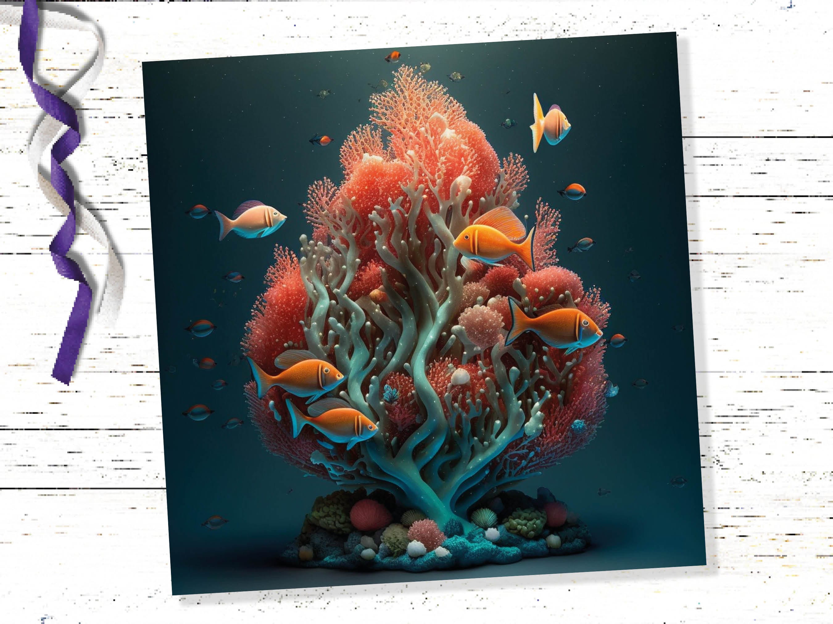 Ocean Christmas Tree Card Underwater Coral Scene Aqua Blue and Orange Sea Life Swim Fish Unique Greetings Cards For Family Friends Xmas 2025 - View 5