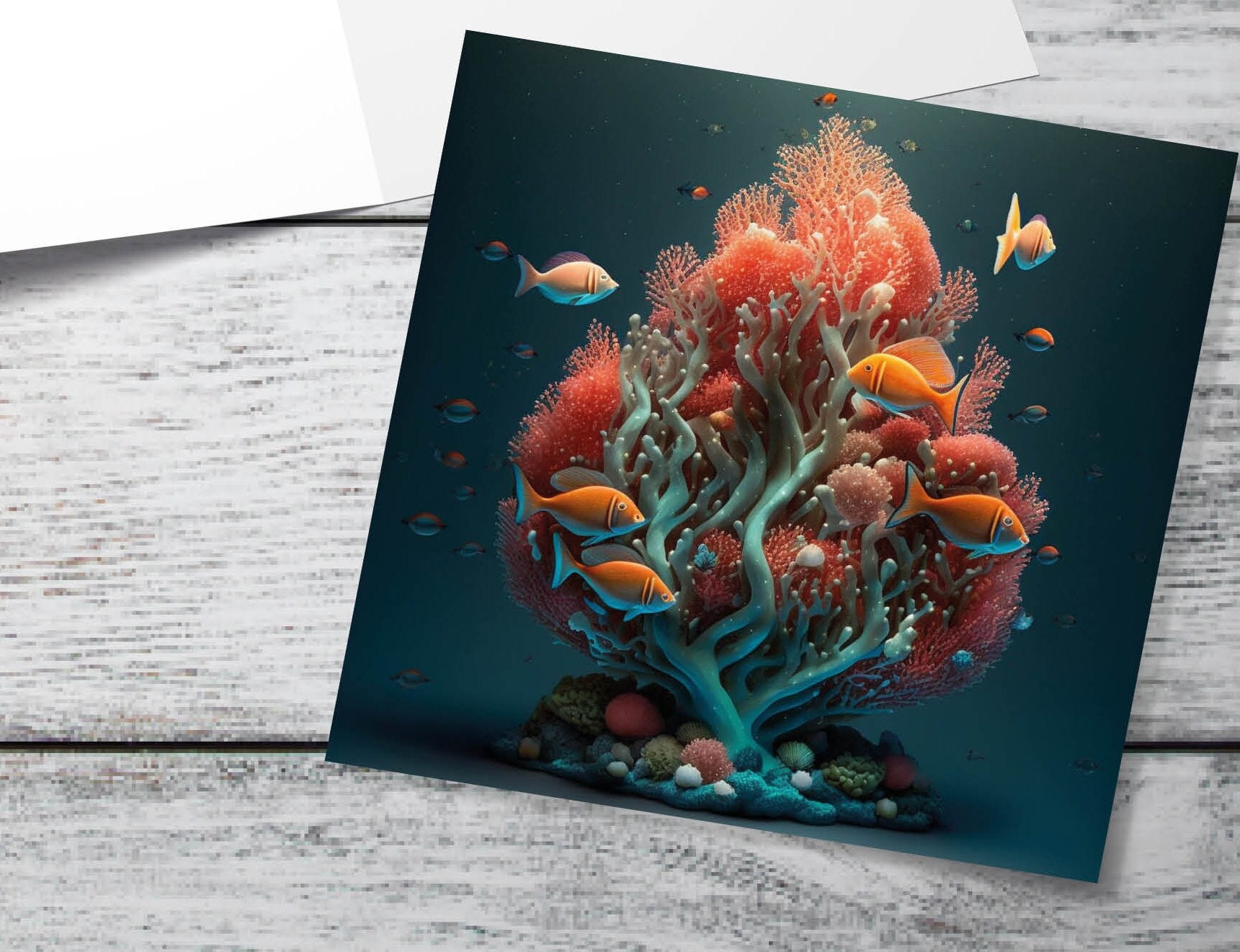 Ocean Christmas Tree Card Underwater Coral Scene Aqua Blue and Orange Sea Life Swim Fish Unique Greetings Cards For Family Friends Xmas 2025 - View 10
