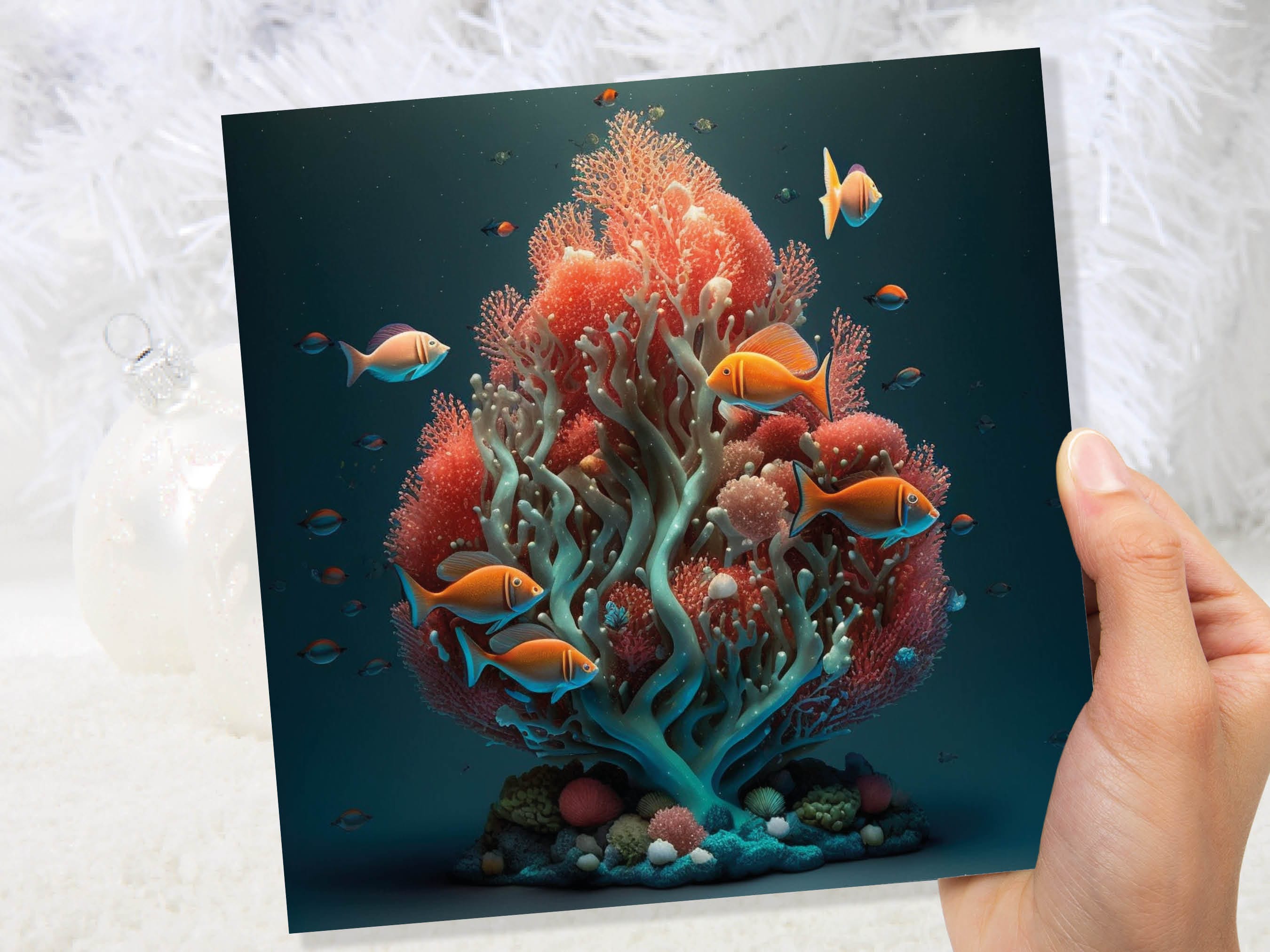 Ocean Christmas Tree Card Underwater Coral Scene Aqua Blue and Orange Sea Life Swim Fish Unique Greetings Cards For Family Friends Xmas 2025 - View 8