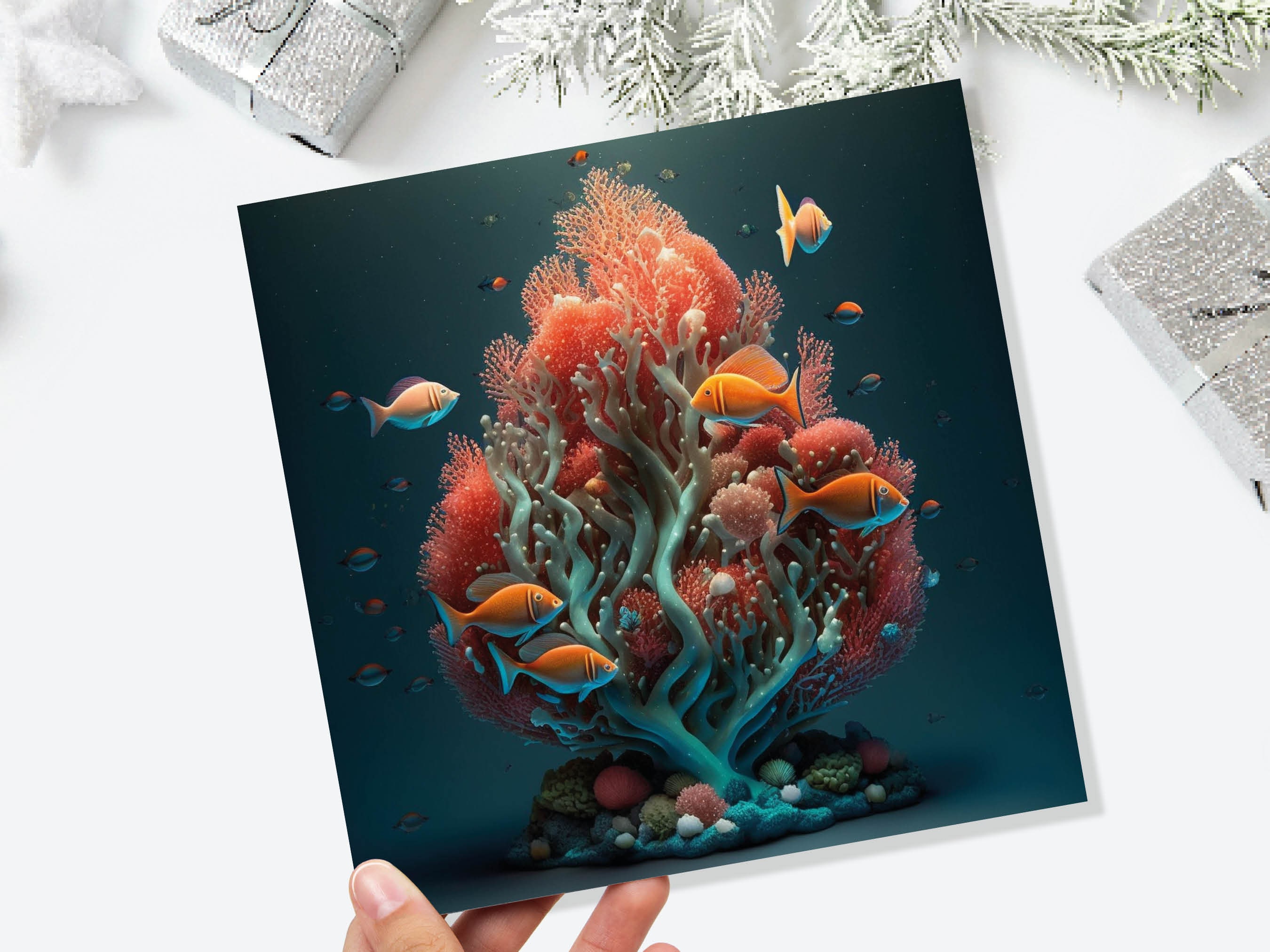 Ocean Christmas Tree Card Underwater Coral Scene Aqua Blue and Orange Sea Life Swim Fish Unique Greetings Cards For Family Friends Xmas 2025 - View 9