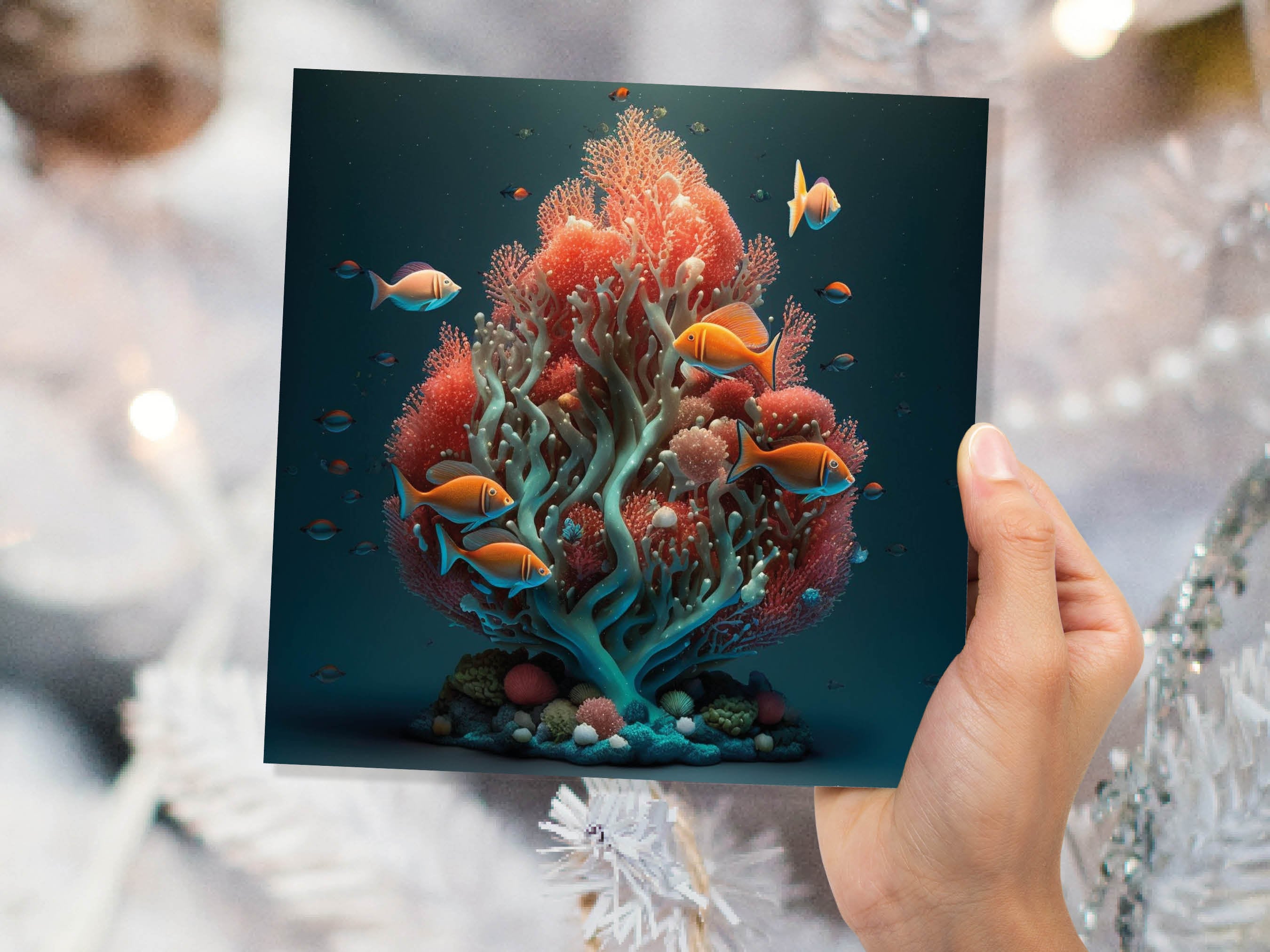 Ocean Christmas Tree Card Underwater Coral Scene Aqua Blue and Orange Sea Life Swim Fish Unique Greetings Cards For Family Friends Xmas 2025 - View 3