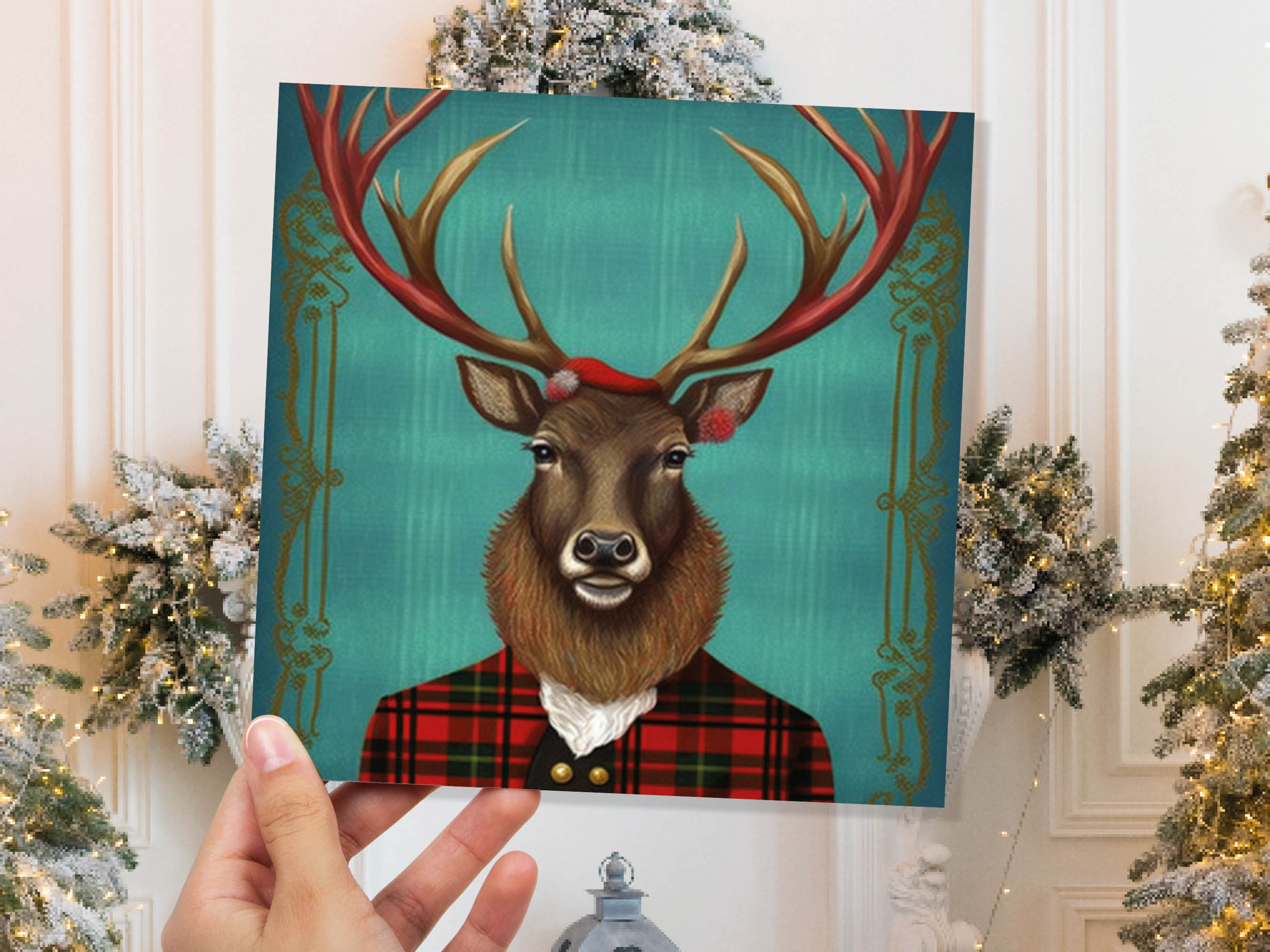 Teal Dapper Deer Card Wearing Red Tartan Frock Coat Festive Scottish Scotland Greetings Cards For Family Best Friends Xmas 2025 Thank You - View 2