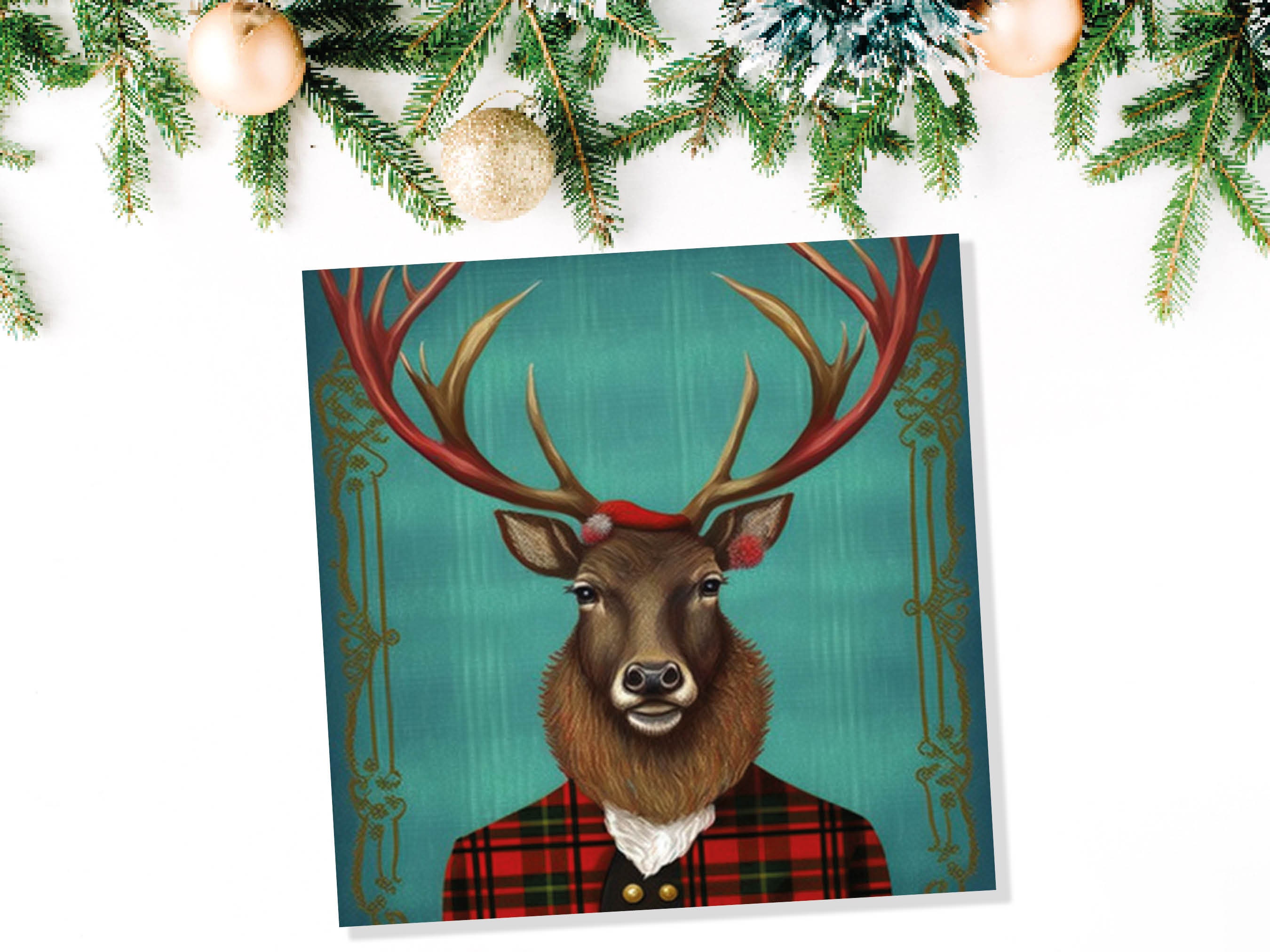 Teal Dapper Deer Card Wearing Red Tartan Frock Coat Festive Scottish Scotland Greetings Cards For Family Best Friends Xmas 2025 Thank You - View 5