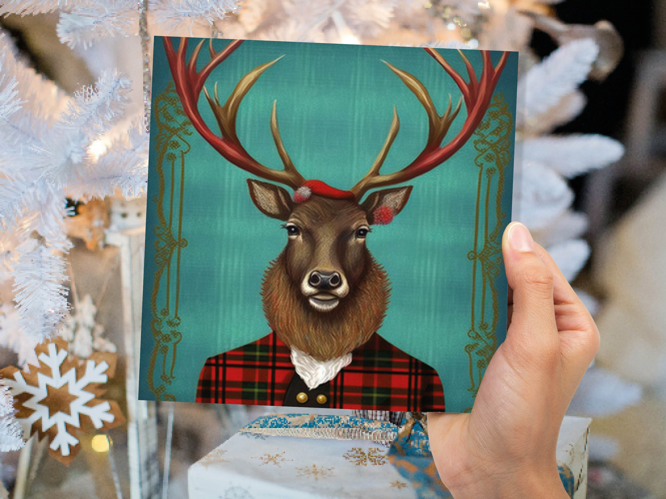 Teal Dapper Deer Card Wearing Red Tartan Frock Coat Festive Scottish Scotland Greetings Cards For Family Best Friends Xmas 2025 Thank You - View 3