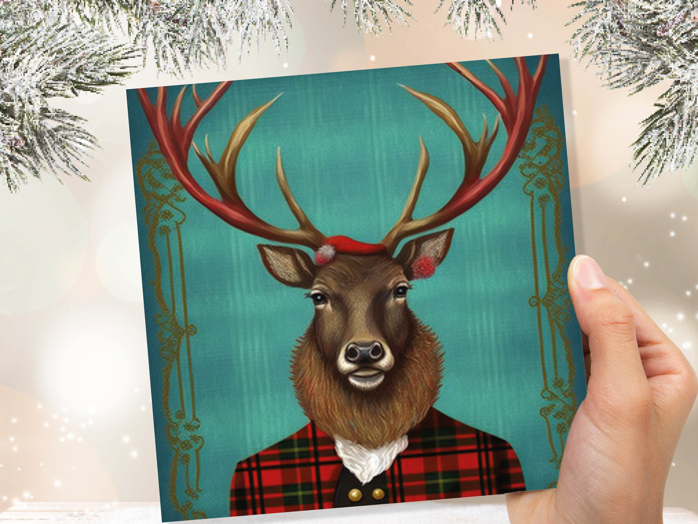 Teal Dapper Deer Card Wearing Red Tartan Frock Coat Festive Scottish Scotland Greetings Cards For Family Best Friends Xmas 2025 Thank You - View 7
