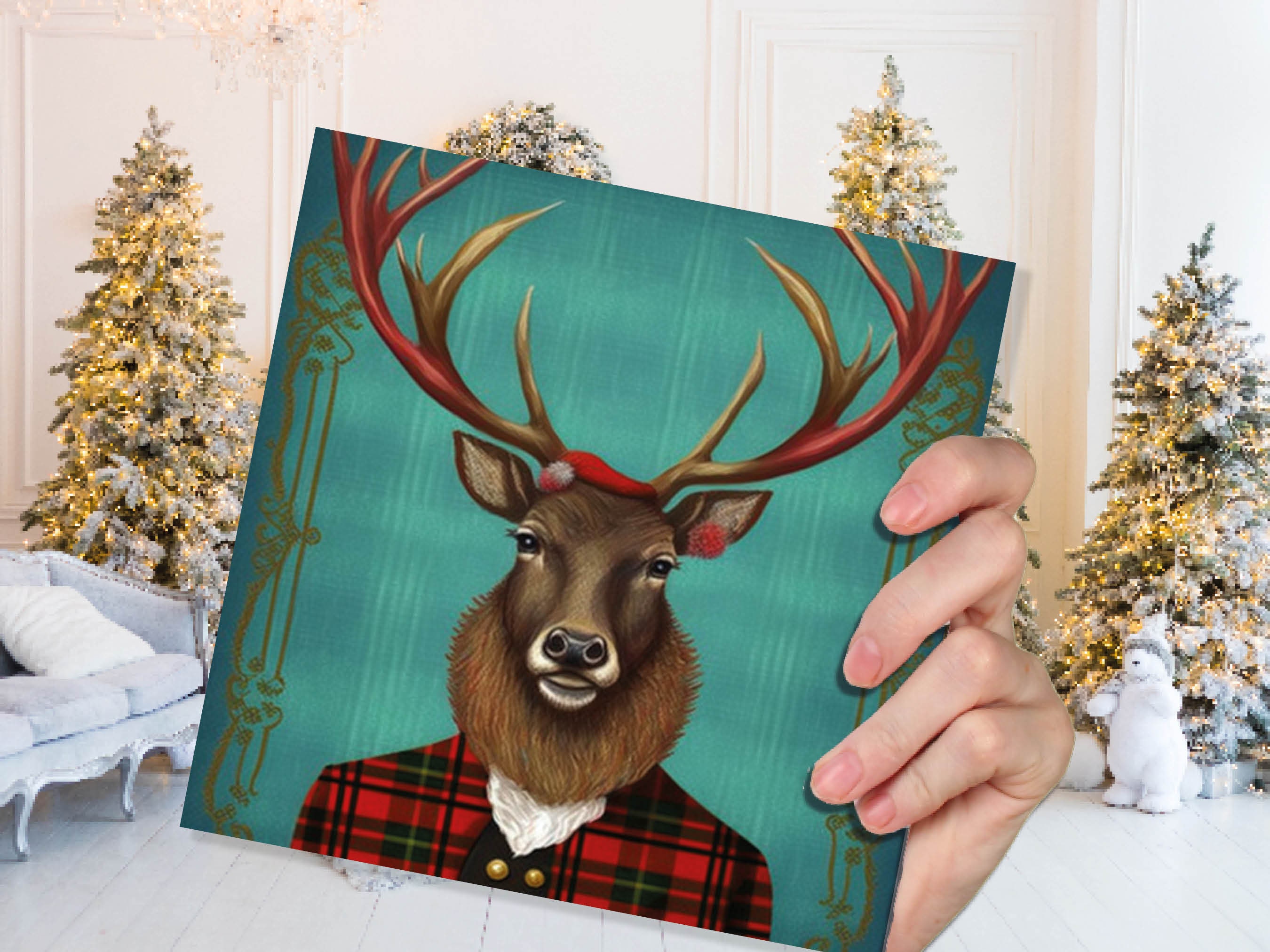 Teal Dapper Deer Card Wearing Red Tartan Frock Coat Festive Scottish Scotland Greetings Cards For Family Best Friends Xmas 2025 Thank You - View 4