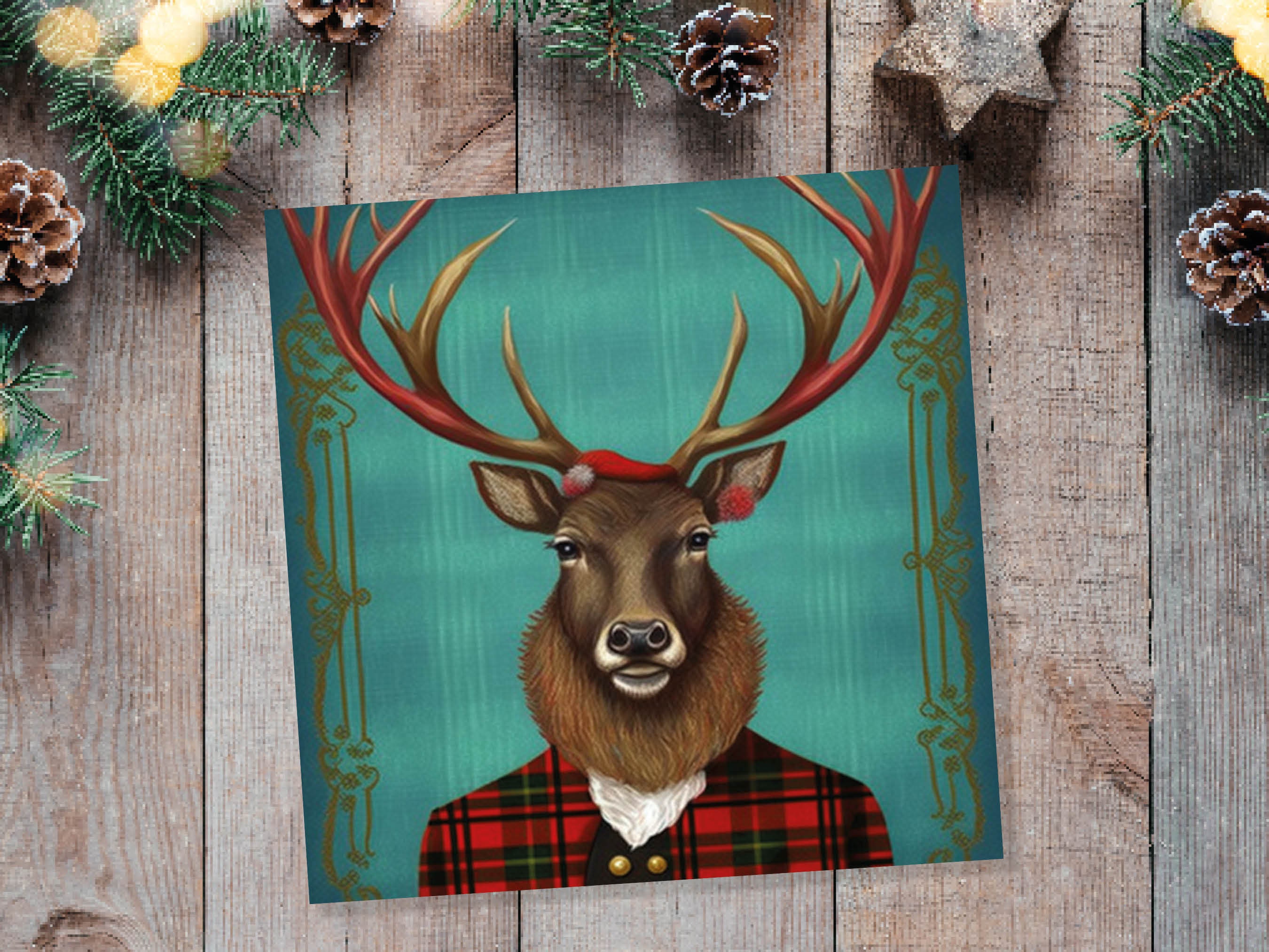 Teal Dapper Deer Card Wearing Red Tartan Frock Coat Festive Scottish Scotland Greetings Cards For Family Best Friends Xmas 2025 Thank You - View 6