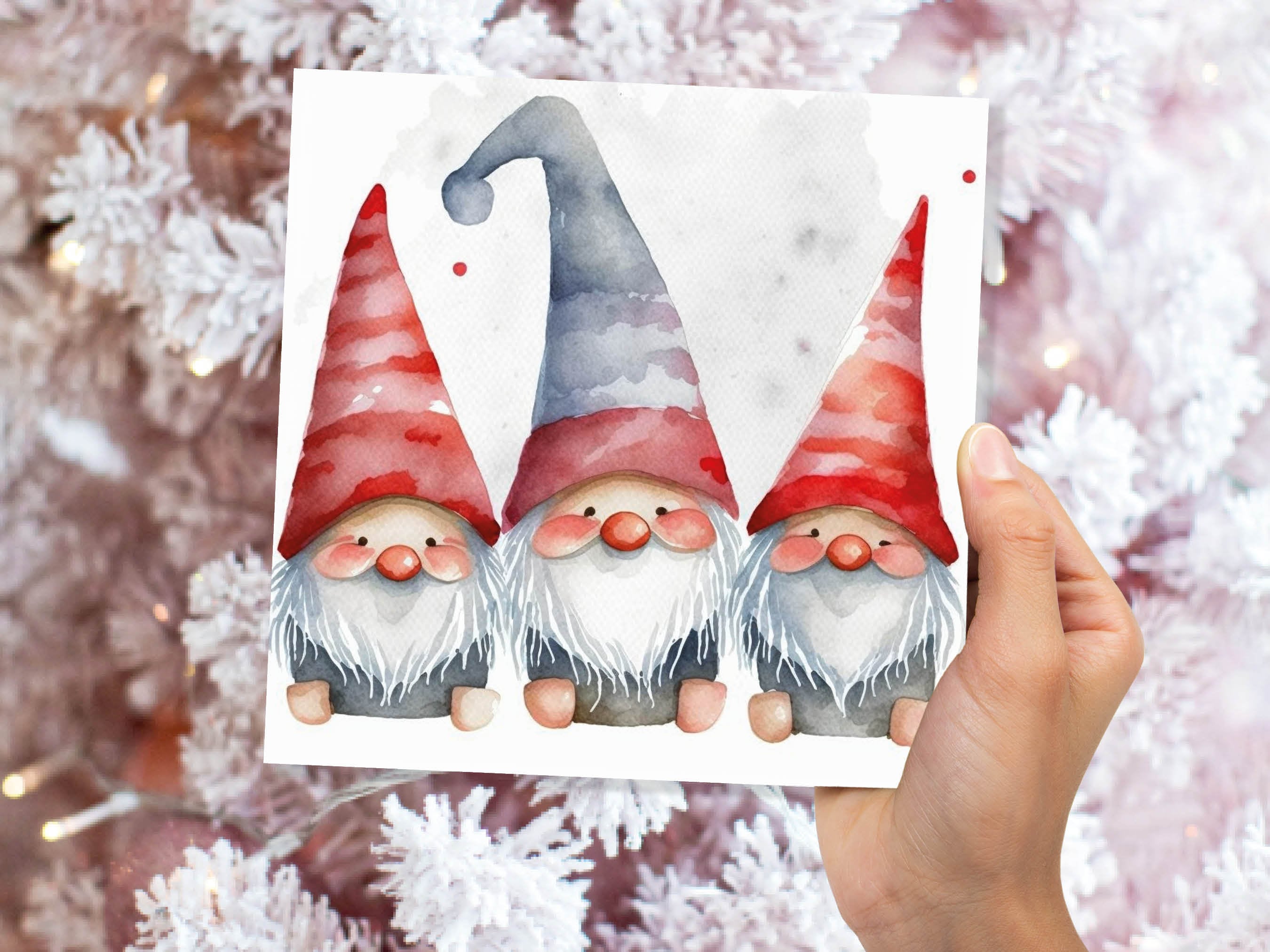 Gonk Gnomes Card Cute Red band Grey Watercolour Painting Pointy Hats and Beards Greetings Cards For Family Best Friends Xmas 2025 Thank You - View 5