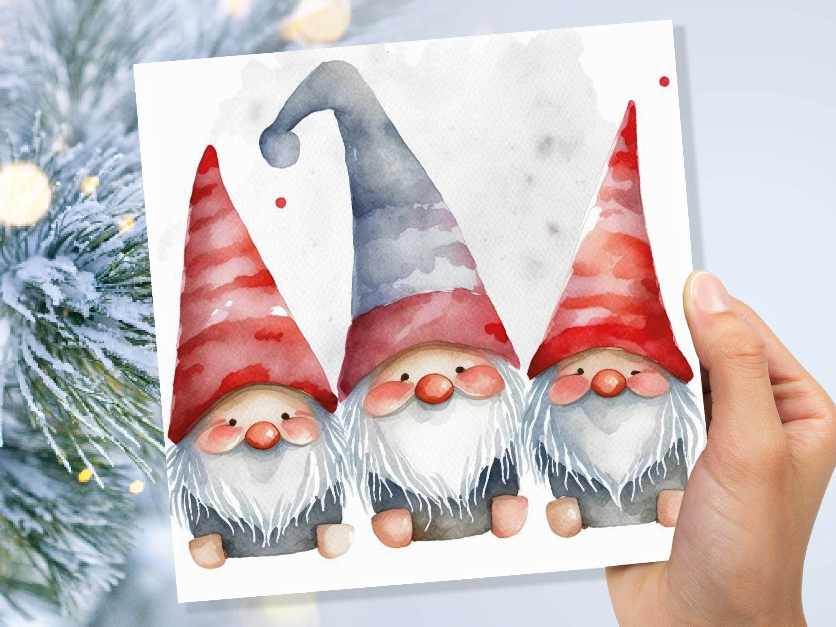 Gonk Gnomes Card Cute Red band Grey Watercolour Painting Pointy Hats and Beards Greetings Cards For Family Best Friends Xmas 2025 Thank You - View 7
