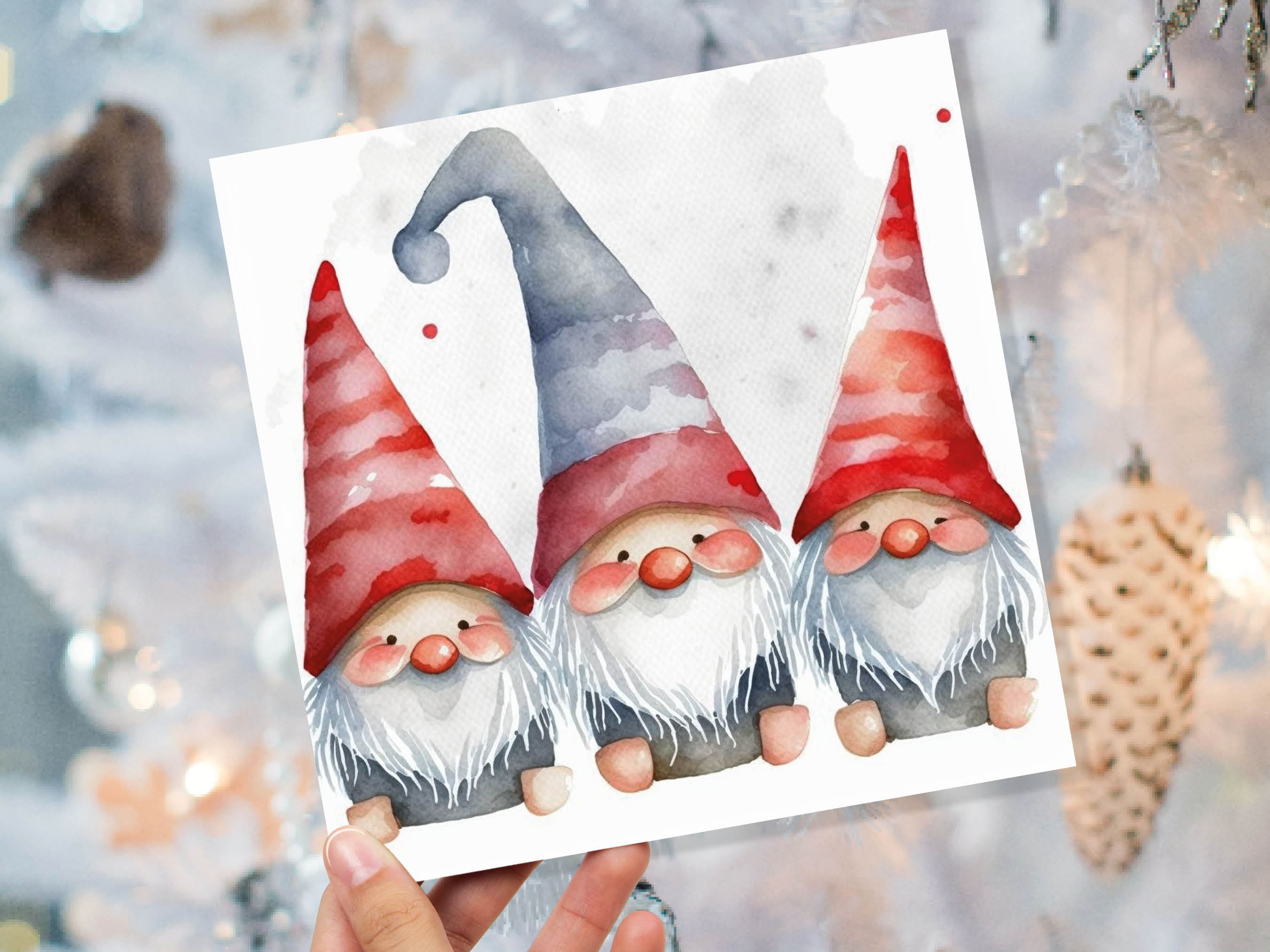 Gonk Gnomes Card Cute Red band Grey Watercolour Painting Pointy Hats and Beards Greetings Cards For Family Best Friends Xmas 2025 Thank You - View 9