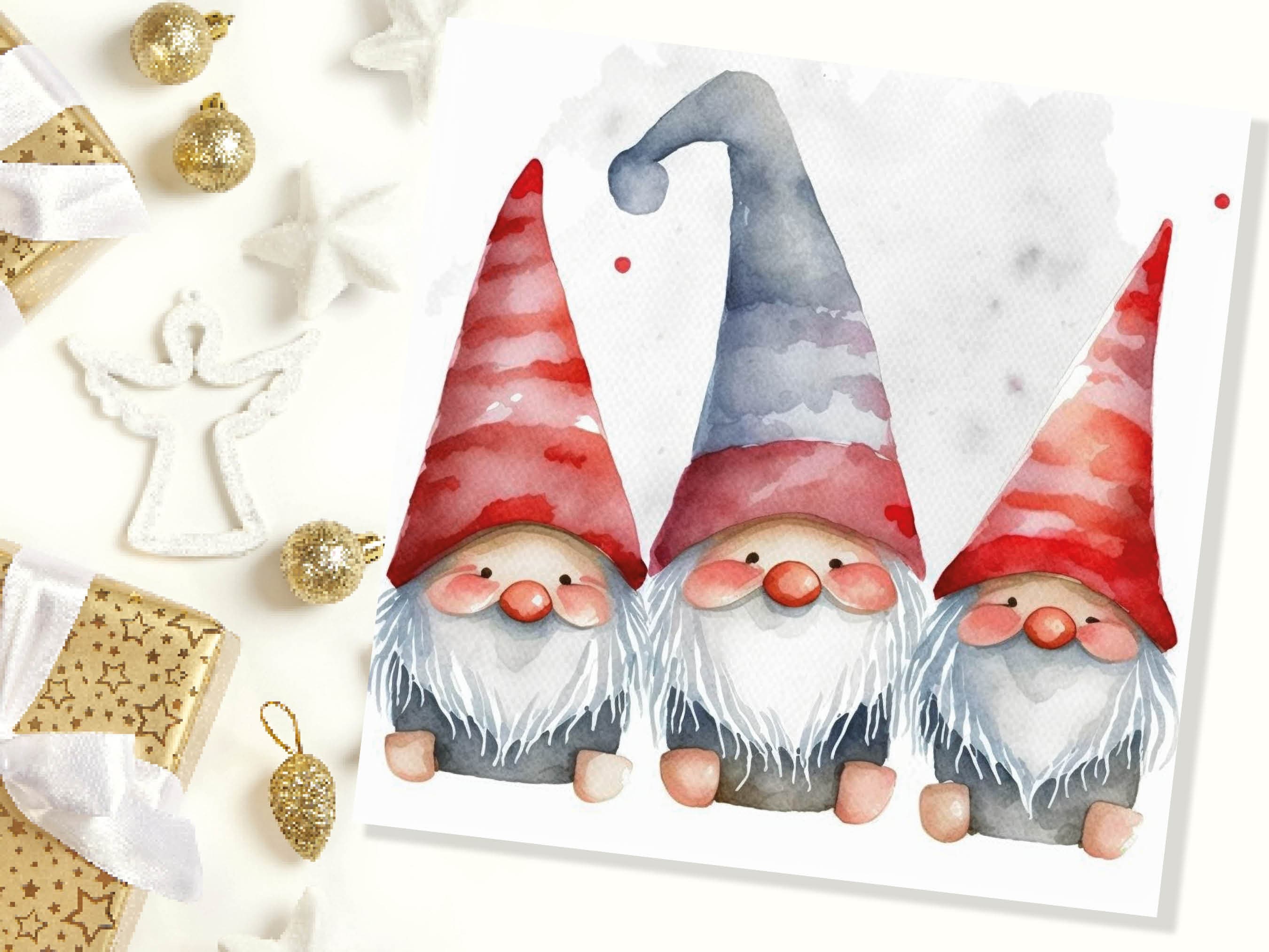 Gonk Gnomes Card Cute Red band Grey Watercolour Painting Pointy Hats and Beards Greetings Cards For Family Best Friends Xmas 2025 Thank You - View 6