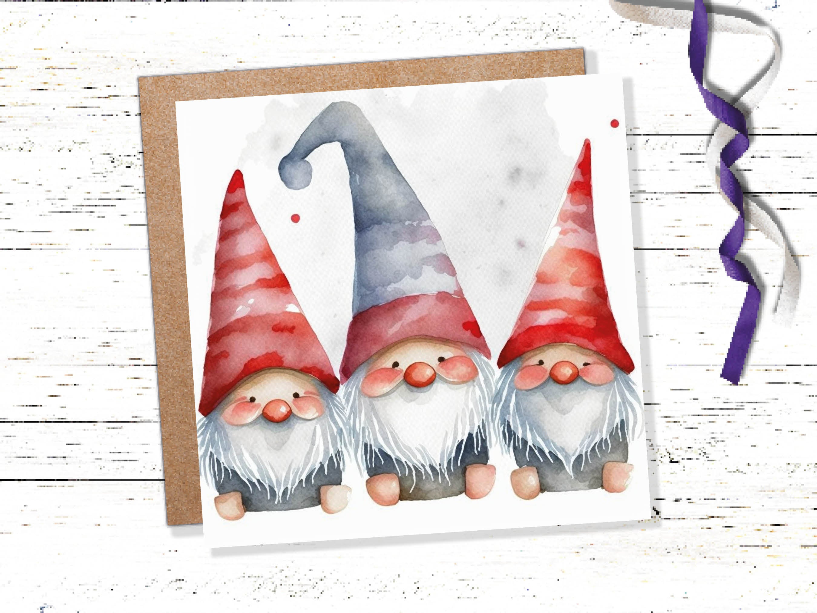 Gonk Gnomes Card Cute Red band Grey Watercolour Painting Pointy Hats and Beards Greetings Cards For Family Best Friends Xmas 2025 Thank You - View 3