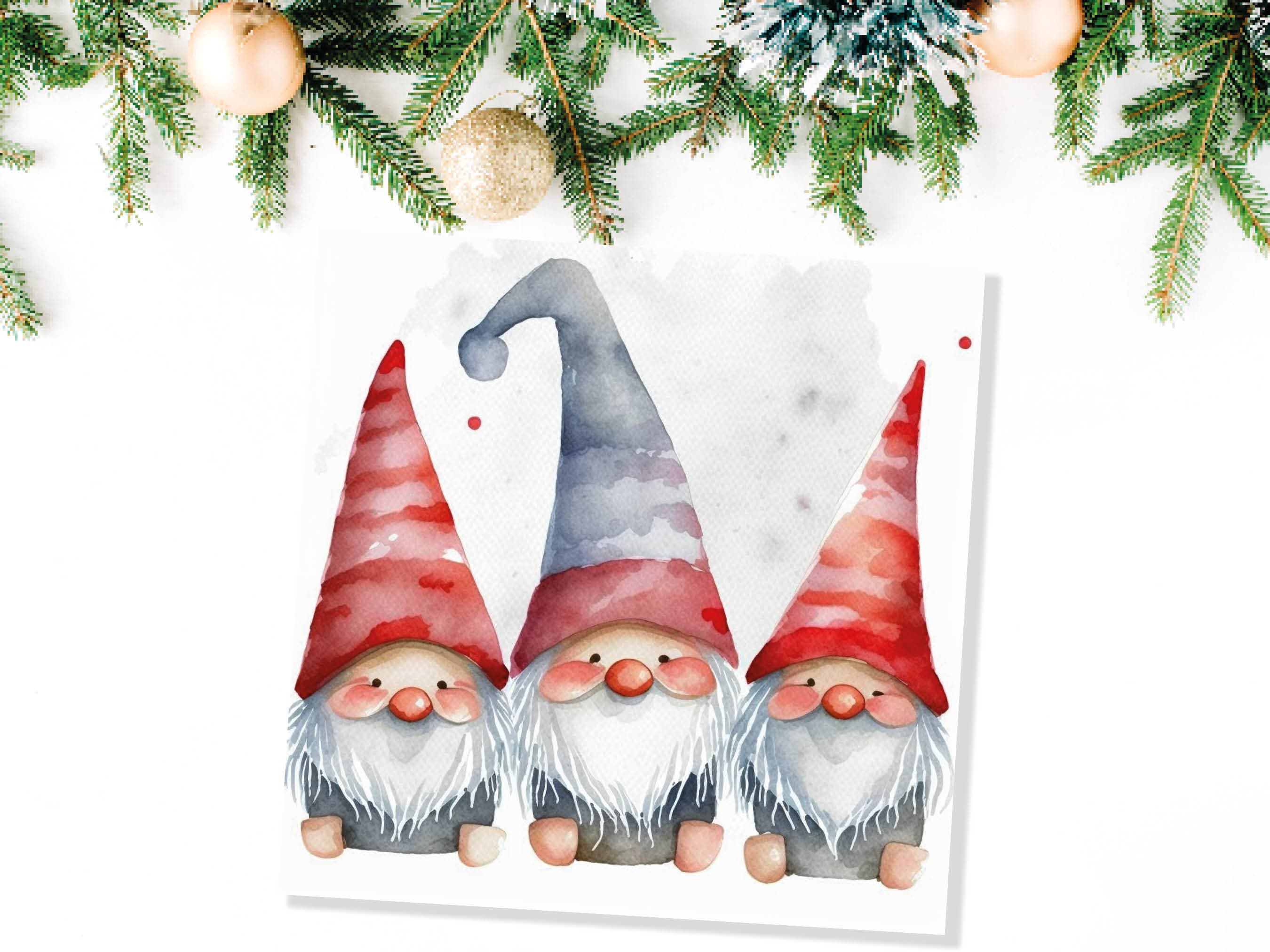 Gonk Gnomes Card Cute Red band Grey Watercolour Painting Pointy Hats and Beards Greetings Cards For Family Best Friends Xmas 2025 Thank You - View 8