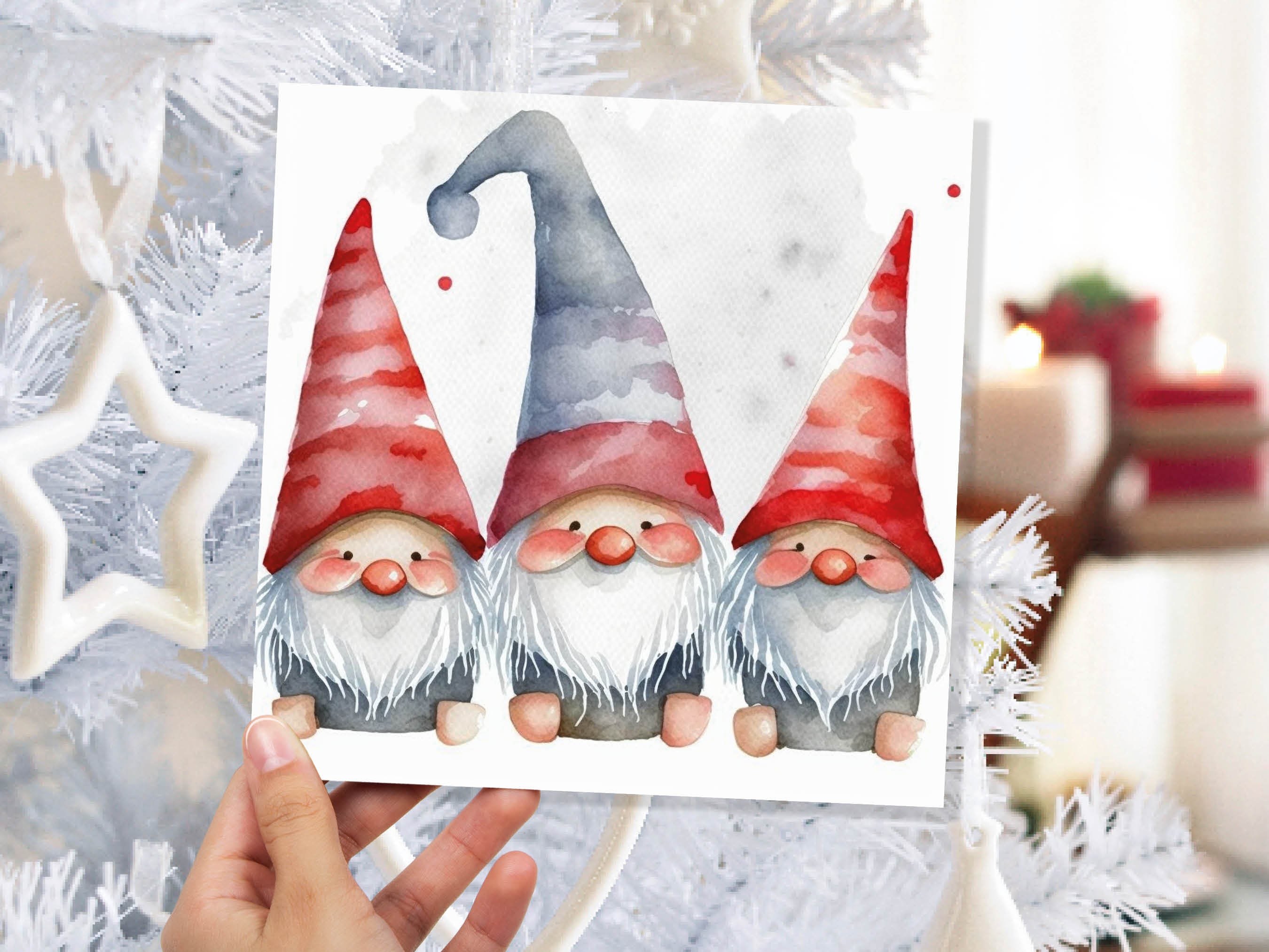 Gonk Gnomes Card Cute Red band Grey Watercolour Painting Pointy Hats and Beards Greetings Cards For Family Best Friends Xmas 2025 Thank You - View 4