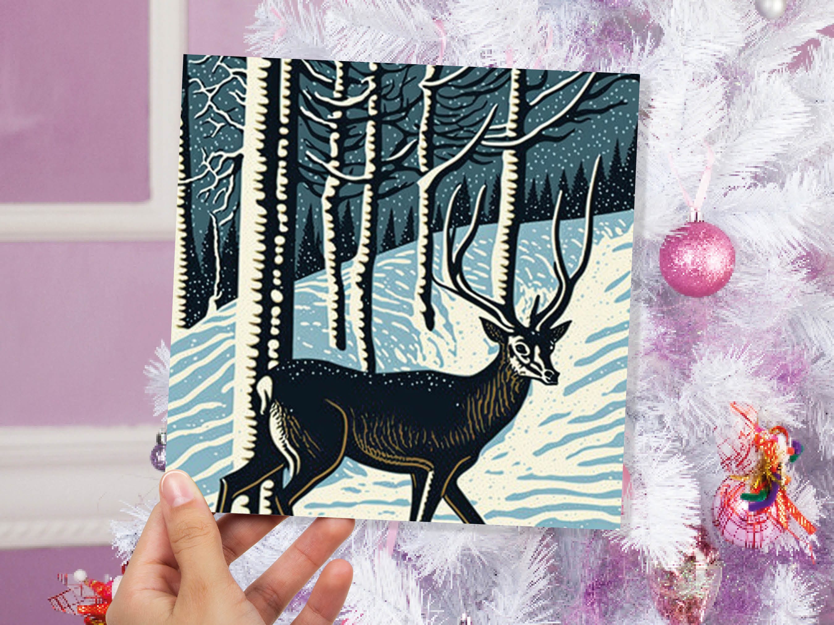 Linocut Deer Card Winter Snowy Woodland Illustration Blue White Black Landscape Snow Scene Greetings For Family Friends Xmas 2025 Thank You - View 4
