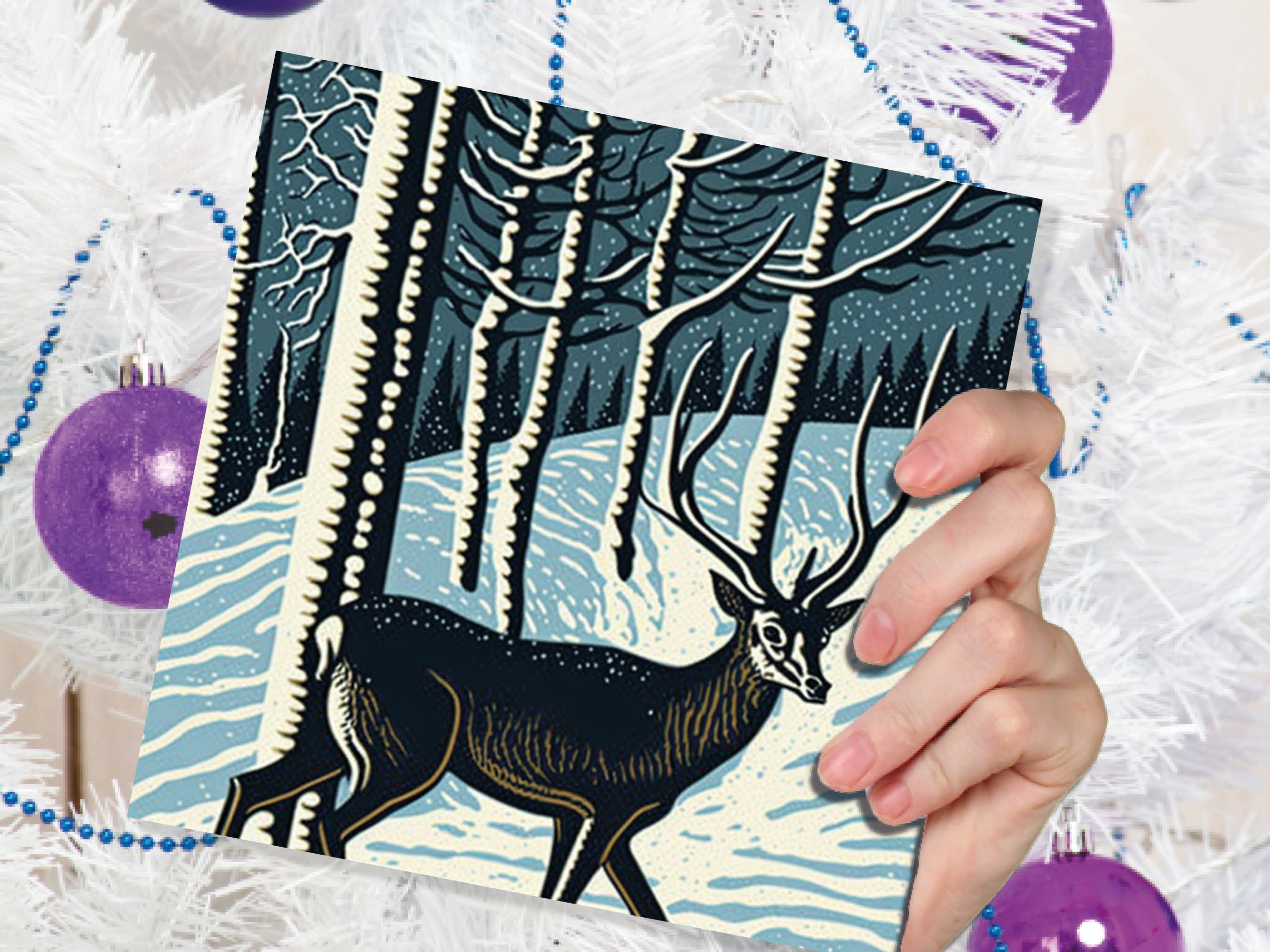 Linocut Deer Card Winter Snowy Woodland Illustration Blue White Black Landscape Snow Scene Greetings For Family Friends Xmas 2025 Thank You - View 7