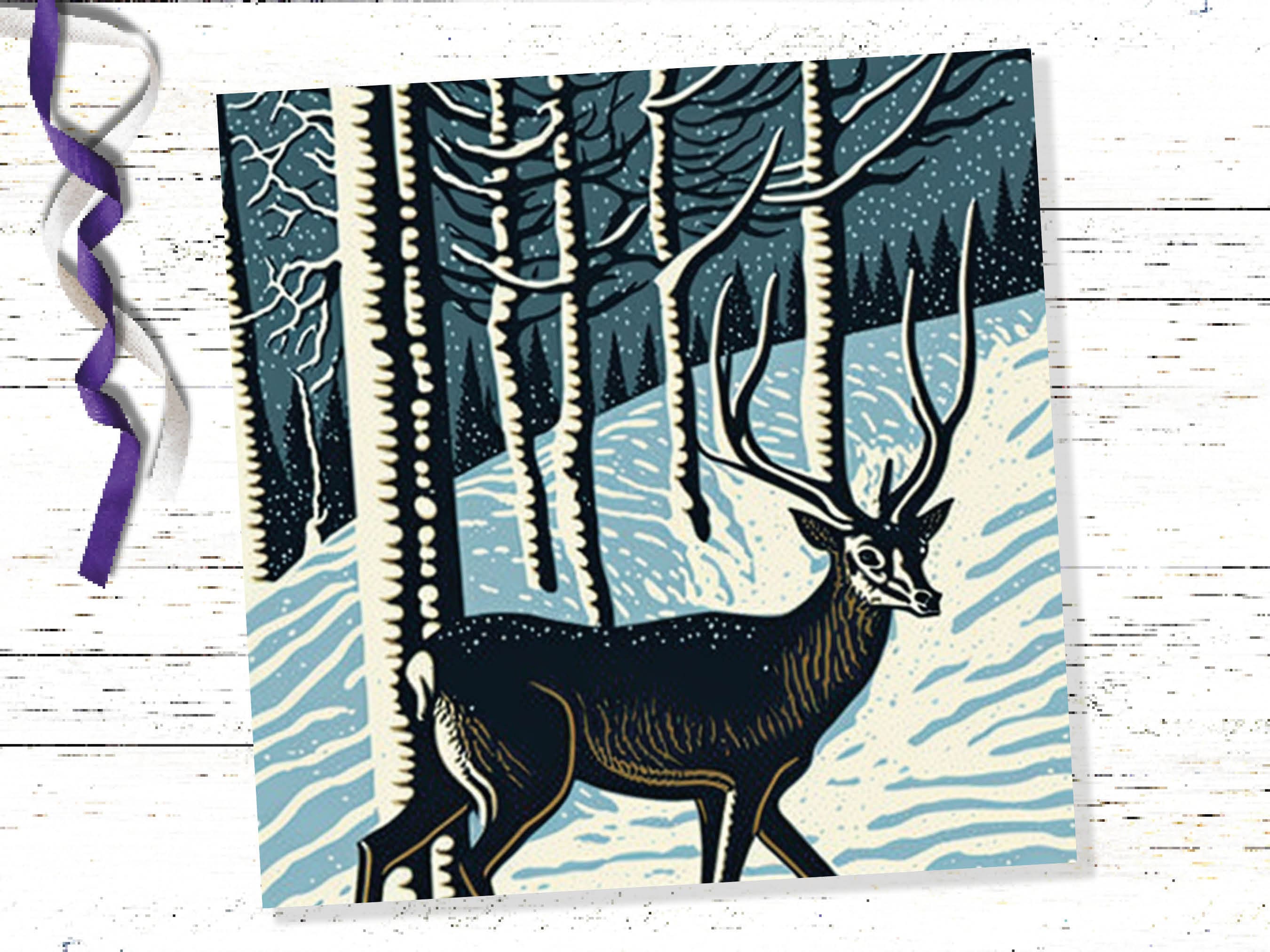 Linocut Deer Card Winter Snowy Woodland Illustration Blue White Black Landscape Snow Scene Greetings For Family Friends Xmas 2025 Thank You - View 8
