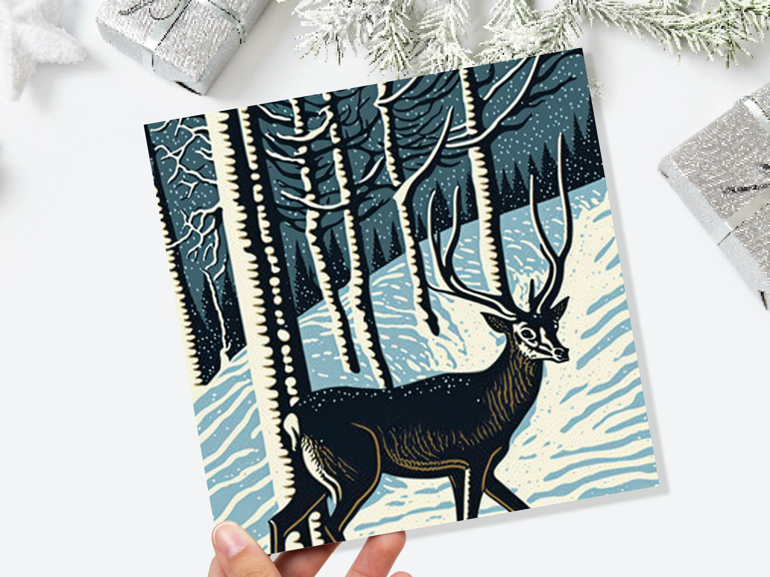 Linocut Deer Card Winter Snowy Woodland Illustration Blue White Black Landscape Snow Scene Greetings For Family Friends Xmas 2025 Thank You - View 2