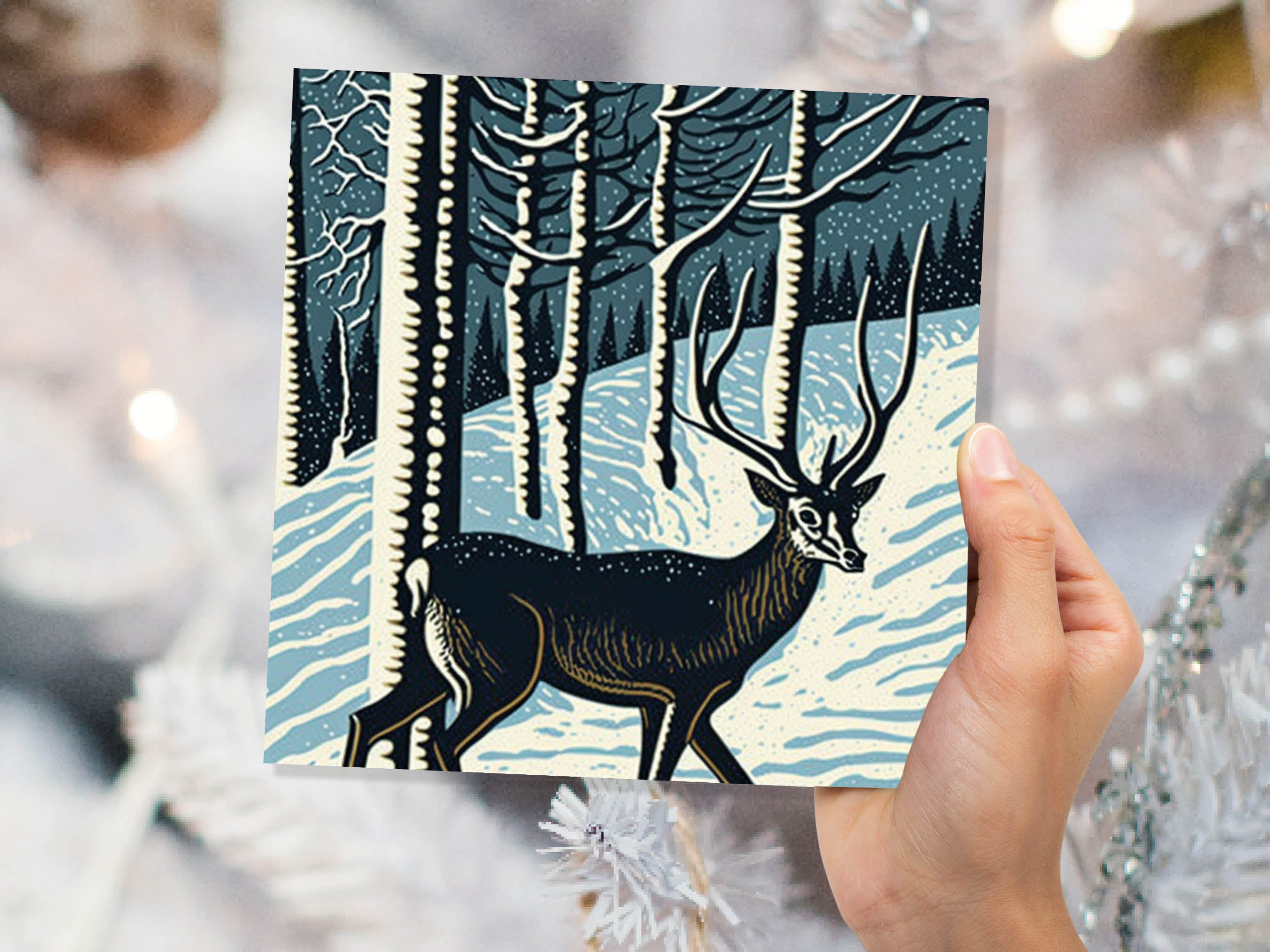 Linocut Deer Card Winter Snowy Woodland Illustration Blue White Black Landscape Snow Scene Greetings For Family Friends Xmas 2025 Thank You - View 6
