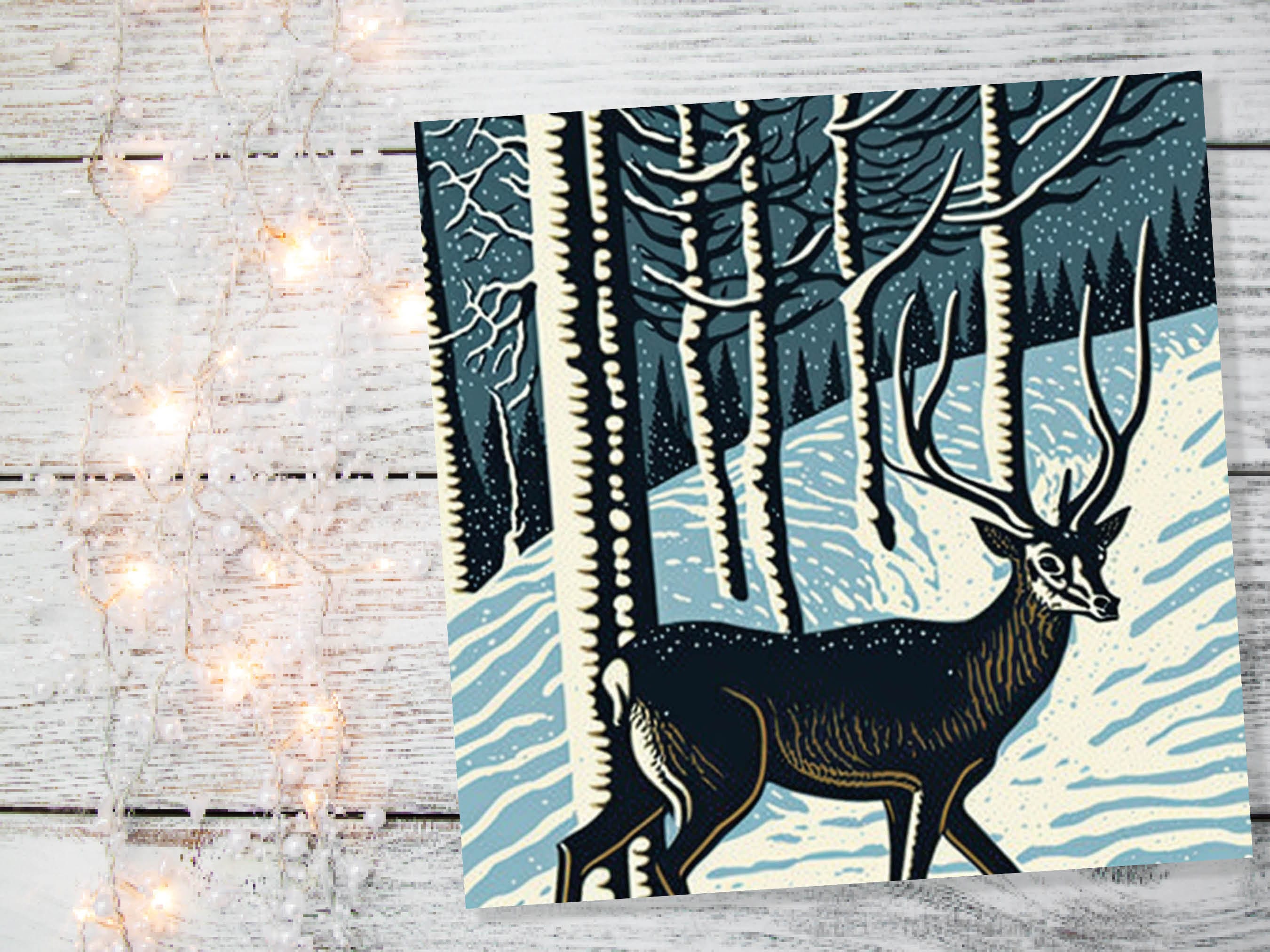Linocut Deer Card Winter Snowy Woodland Illustration Blue White Black Landscape Snow Scene Greetings For Family Friends Xmas 2025 Thank You