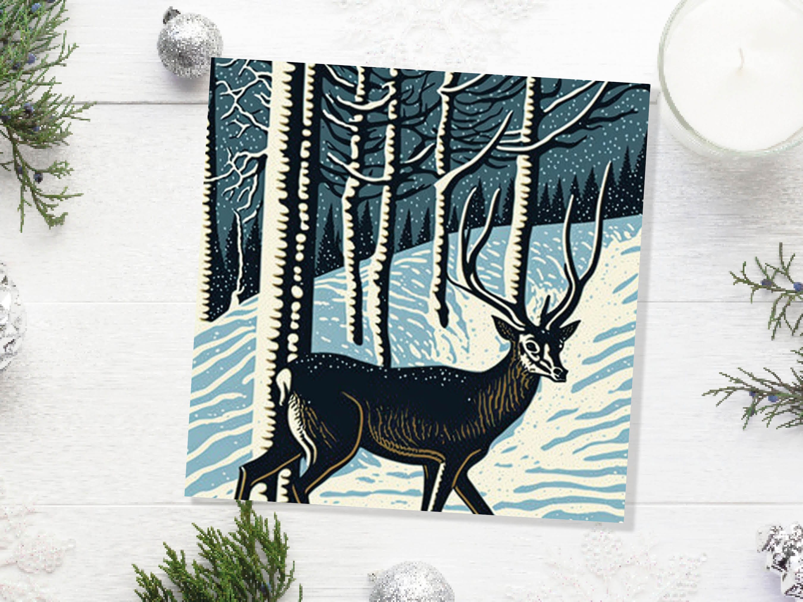 Linocut Deer Card Winter Snowy Woodland Illustration Blue White Black Landscape Snow Scene Greetings For Family Friends Xmas 2025 Thank You - View 9