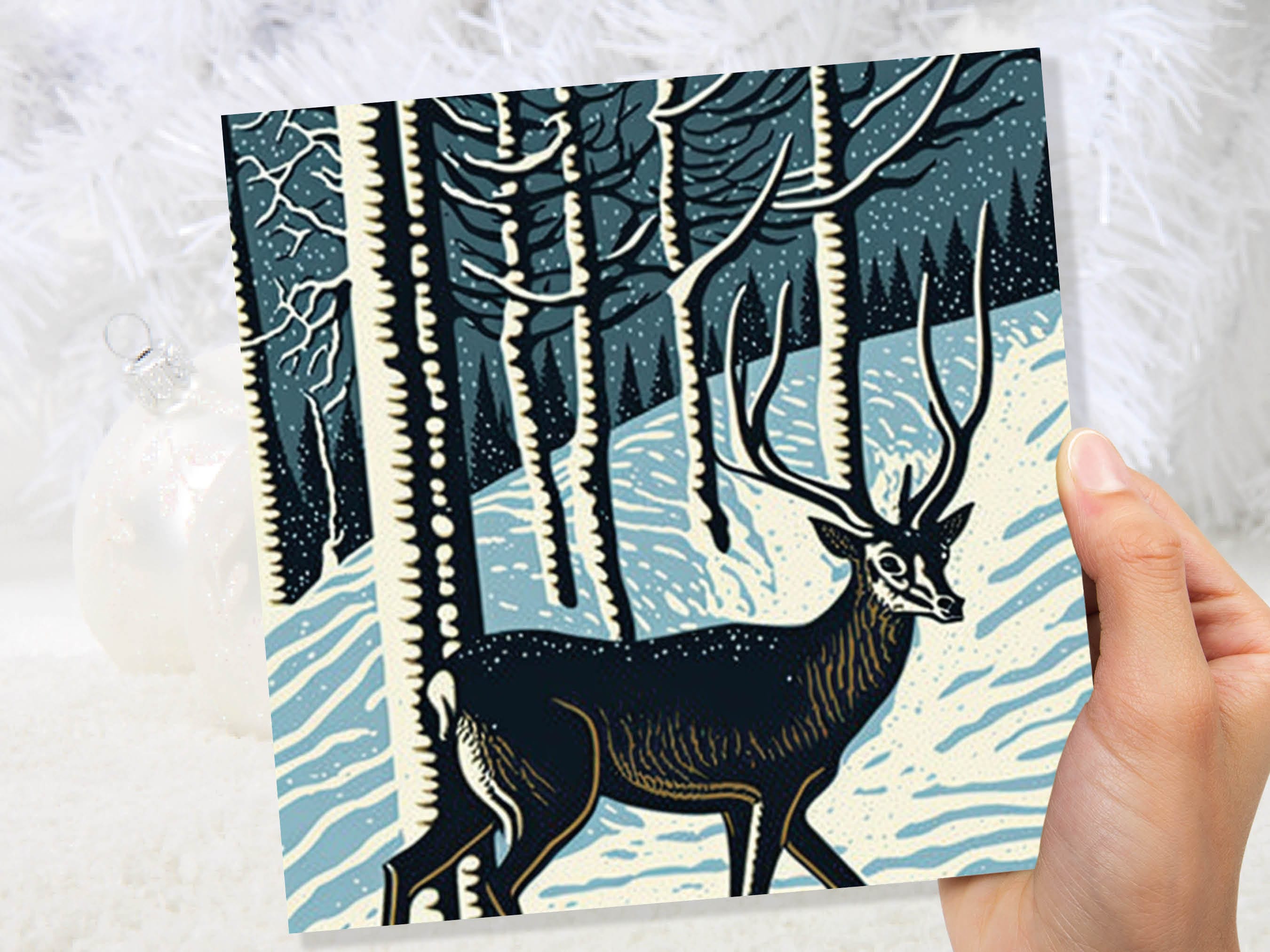 Linocut Deer Card Winter Snowy Woodland Illustration Blue White Black Landscape Snow Scene Greetings For Family Friends Xmas 2025 Thank You - View 5