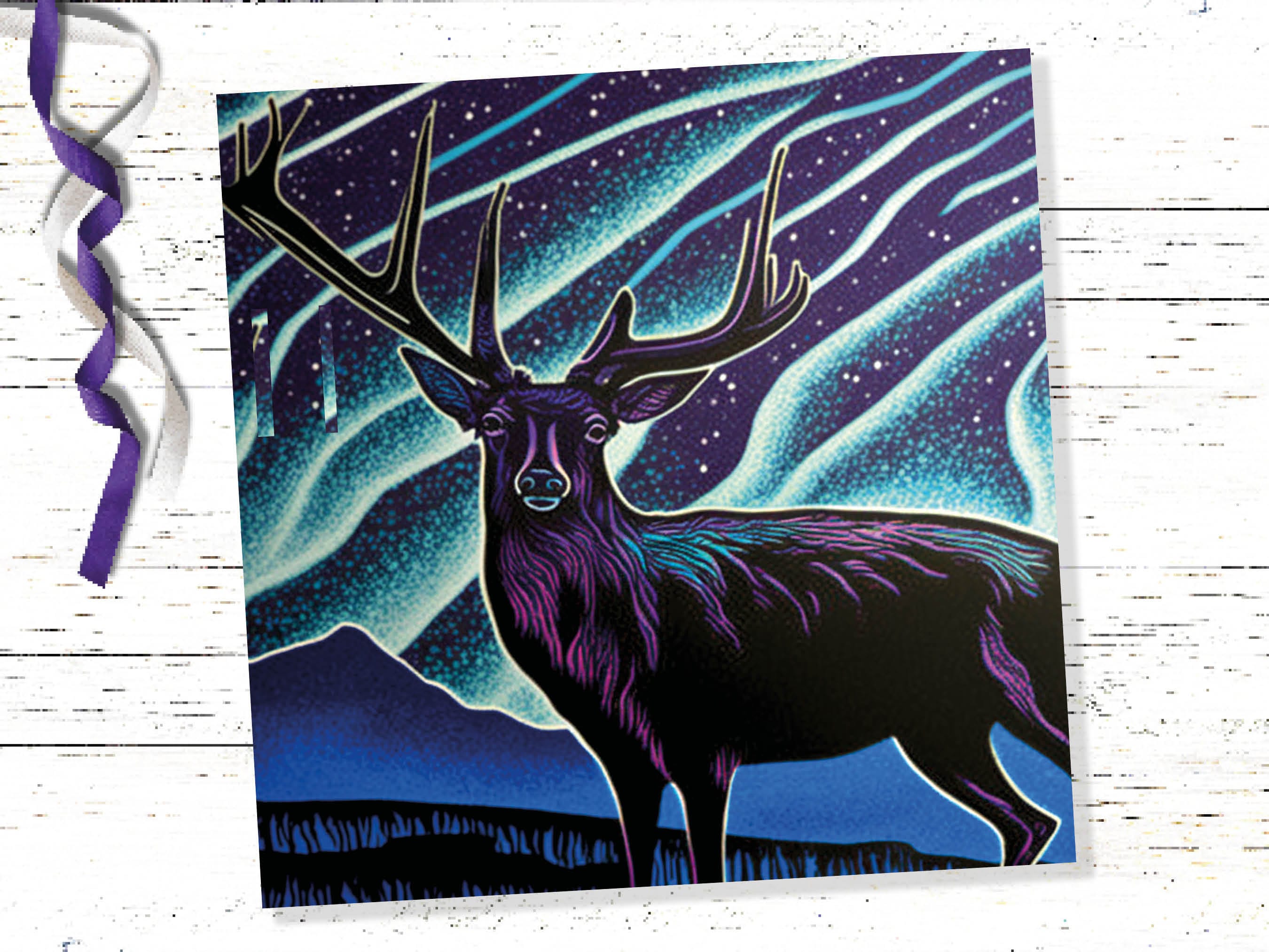 Linocut Deer Card Northern Lights Winter Landscape Night Sky Illustration Snowy Snow Scene Greetings For Family Friends Xmas 2025 Thank You