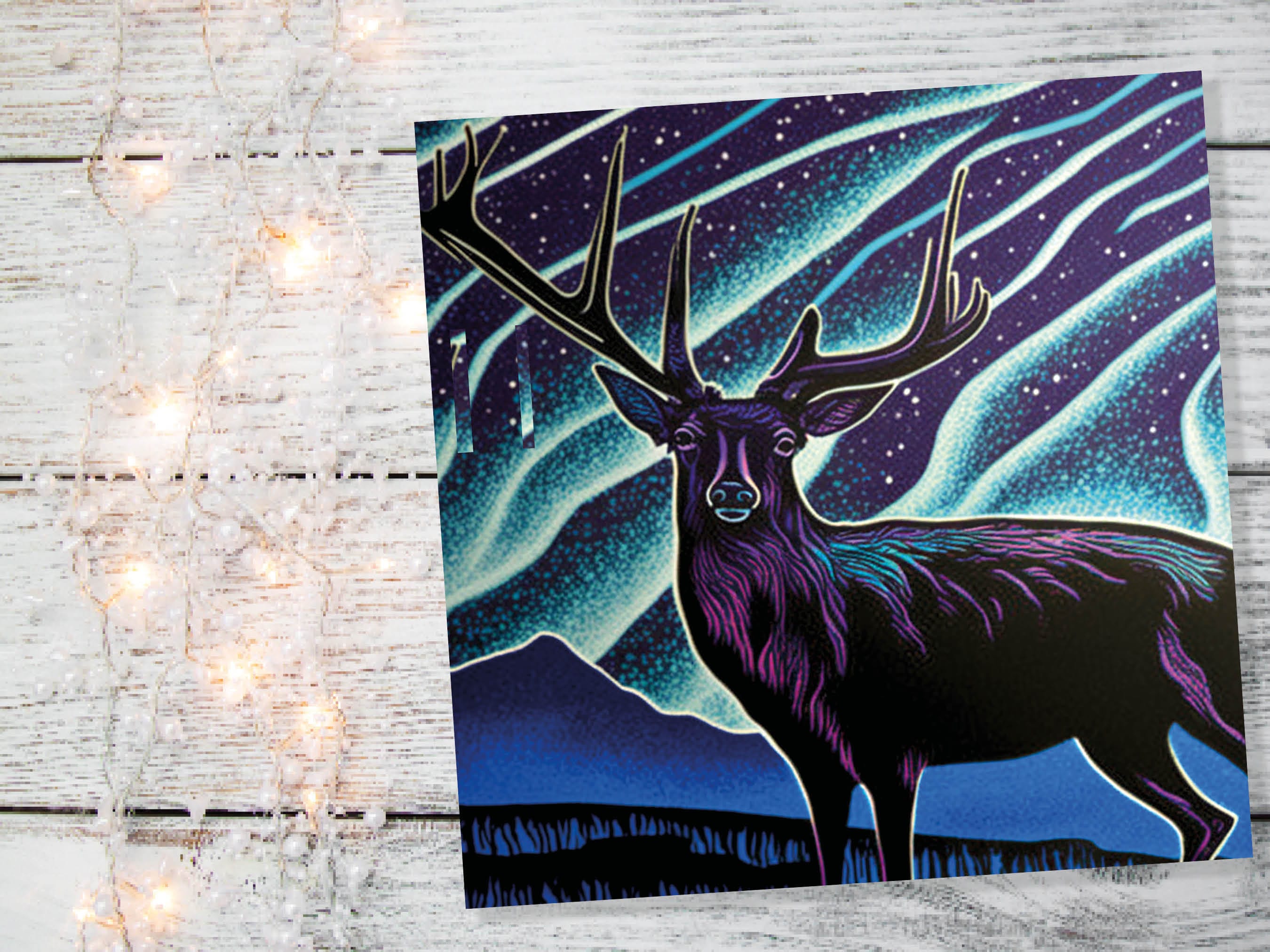 Linocut Deer Card Northern Lights Winter Landscape Night Sky Illustration Snowy Snow Scene Greetings For Family Friends Xmas 2025 Thank You - View 6