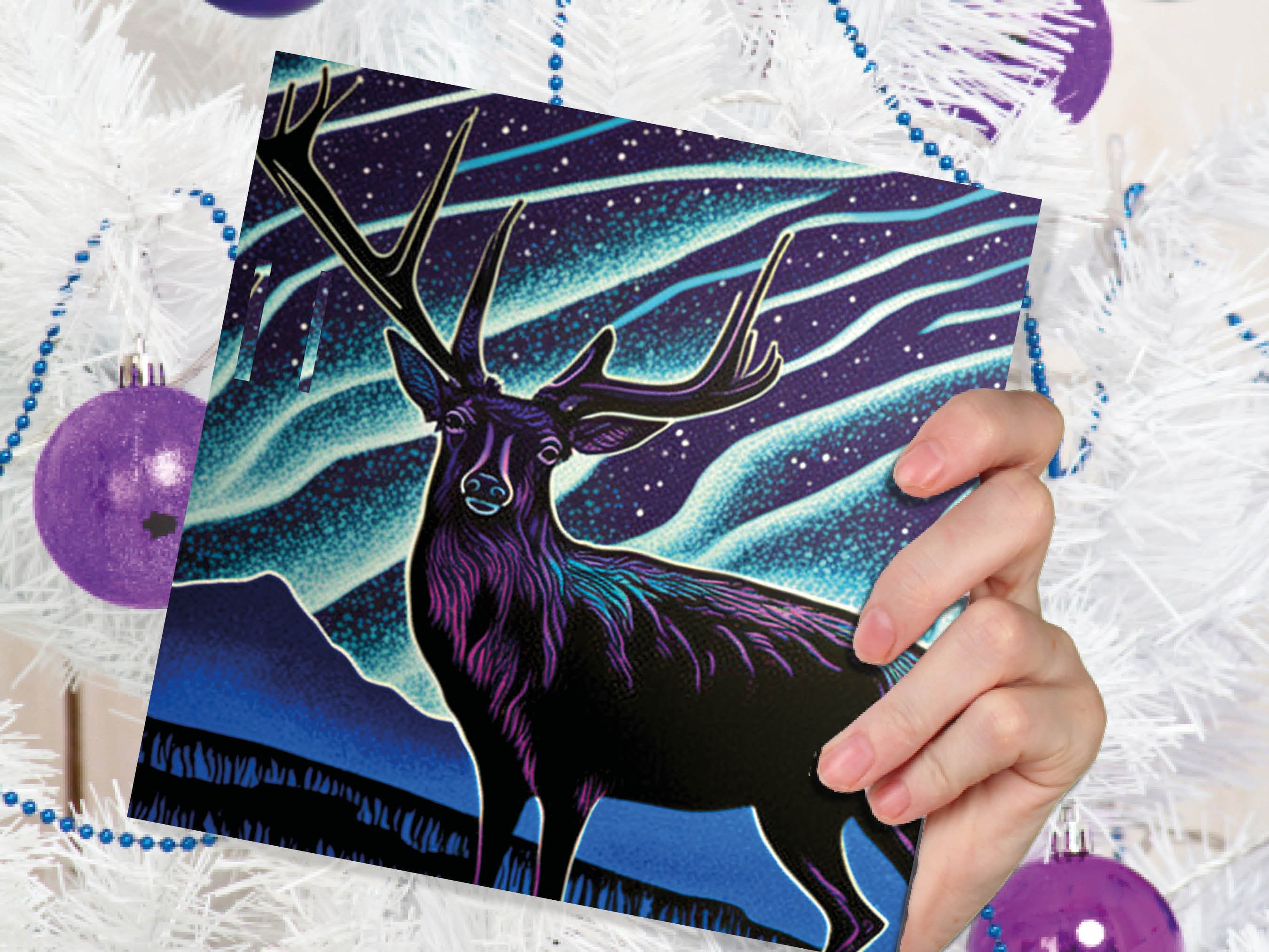 Linocut Deer Card Northern Lights Winter Landscape Night Sky Illustration Snowy Snow Scene Greetings For Family Friends Xmas 2025 Thank You - View 5
