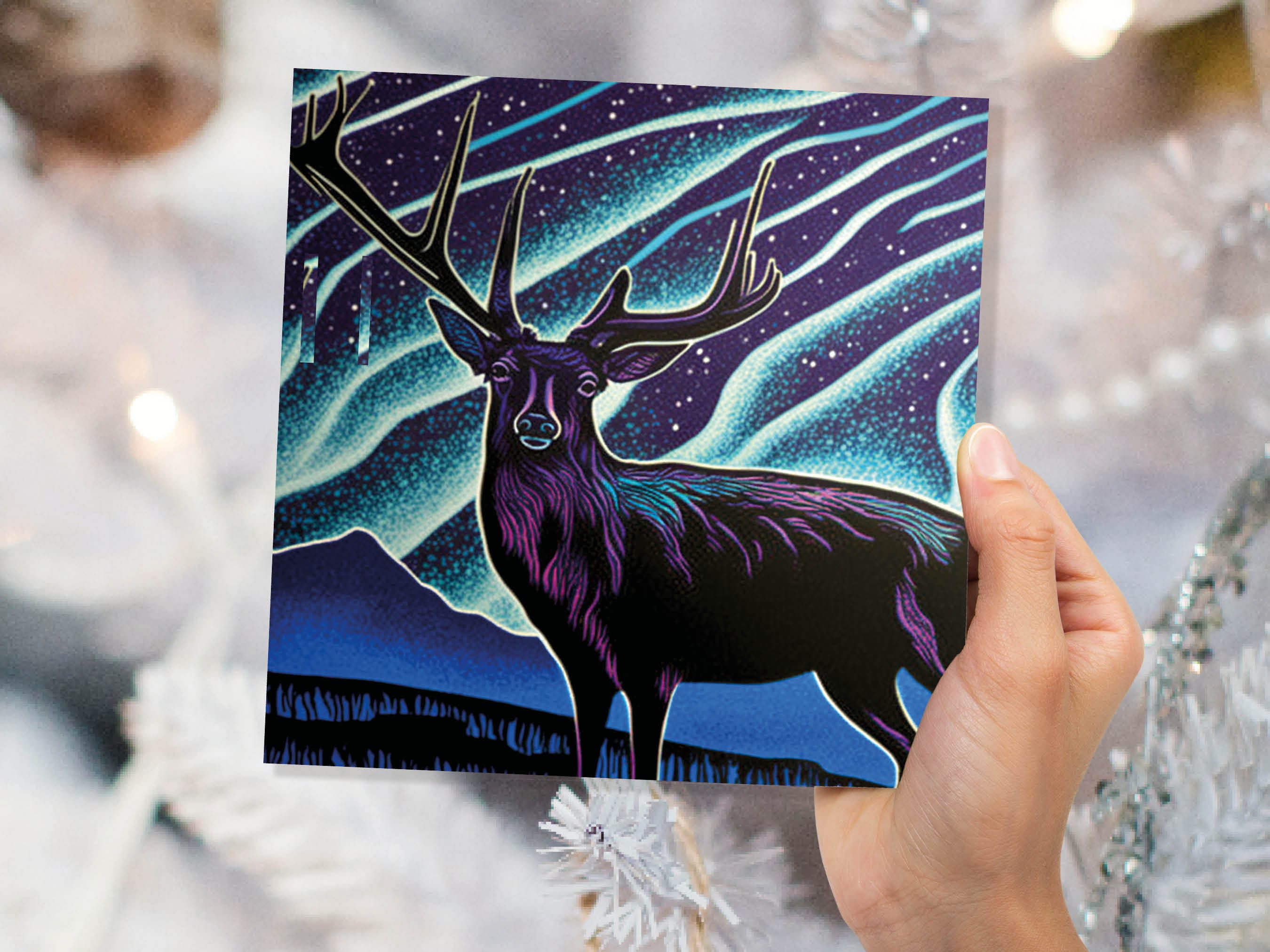 Linocut Deer Card Northern Lights Winter Landscape Night Sky Illustration Snowy Snow Scene Greetings For Family Friends Xmas 2025 Thank You - View 4