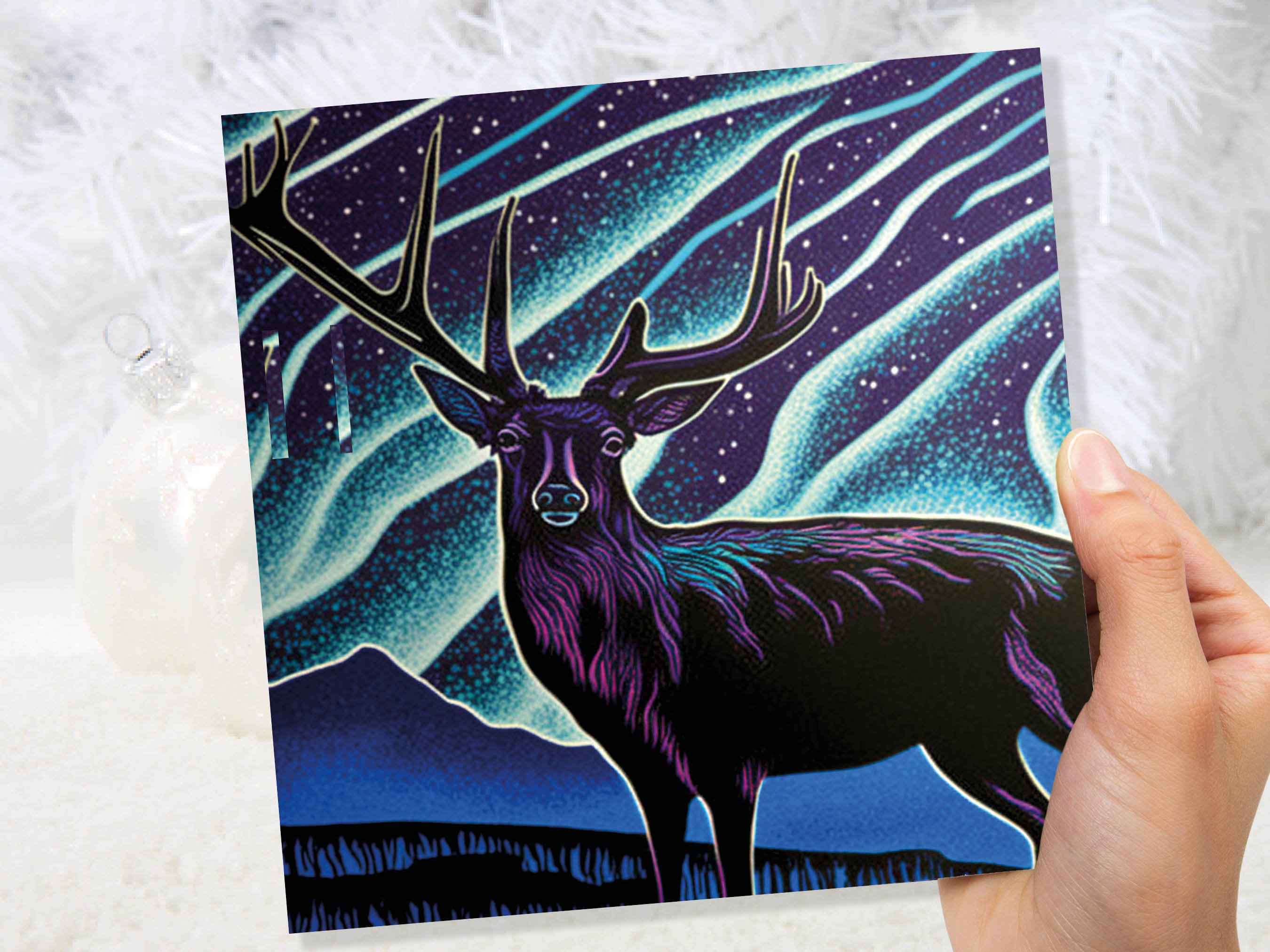 Linocut Deer Card Northern Lights Winter Landscape Night Sky Illustration Snowy Snow Scene Greetings For Family Friends Xmas 2025 Thank You - View 8