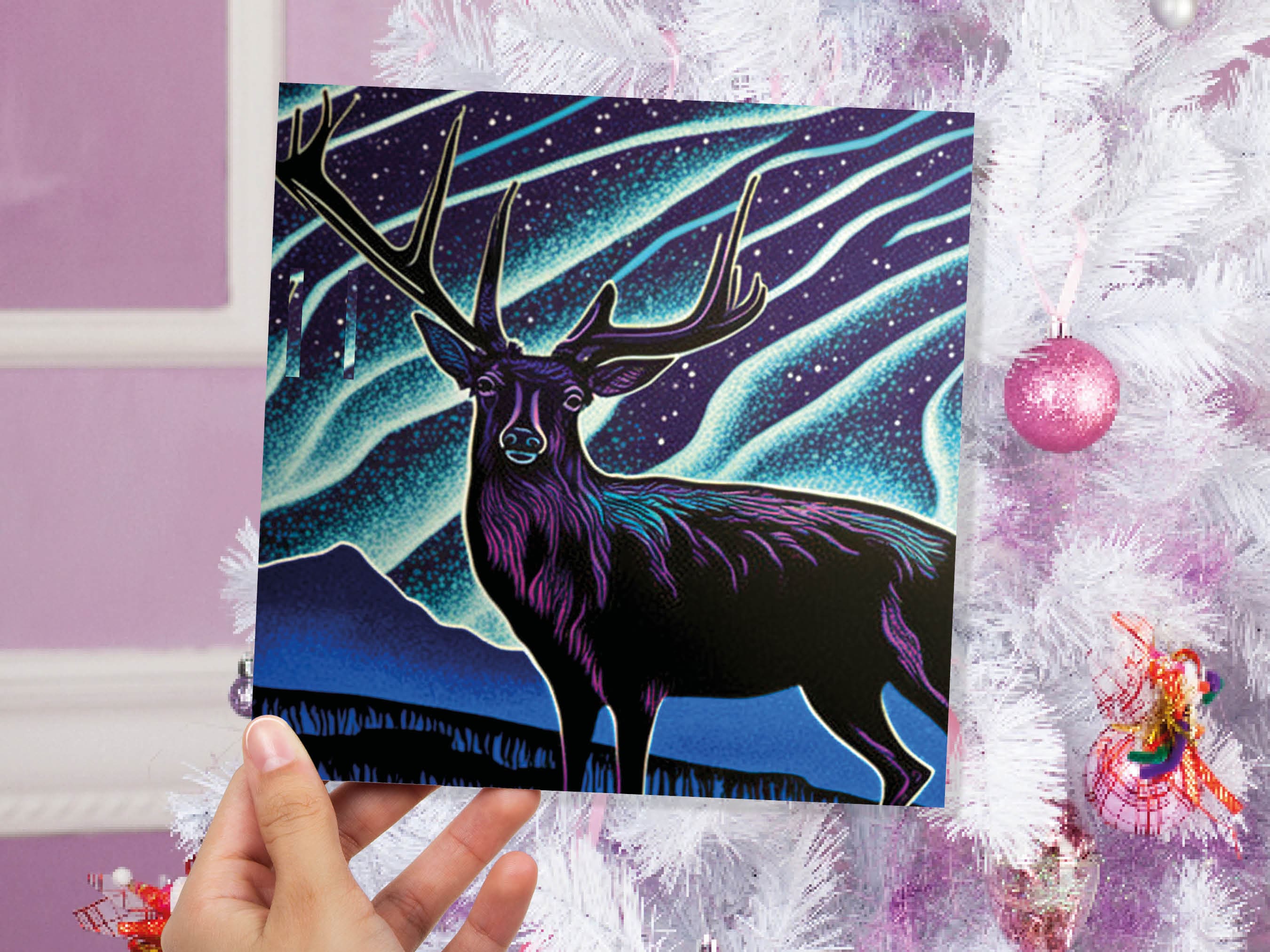 Linocut Deer Card Northern Lights Winter Landscape Night Sky Illustration Snowy Snow Scene Greetings For Family Friends Xmas 2025 Thank You - View 3