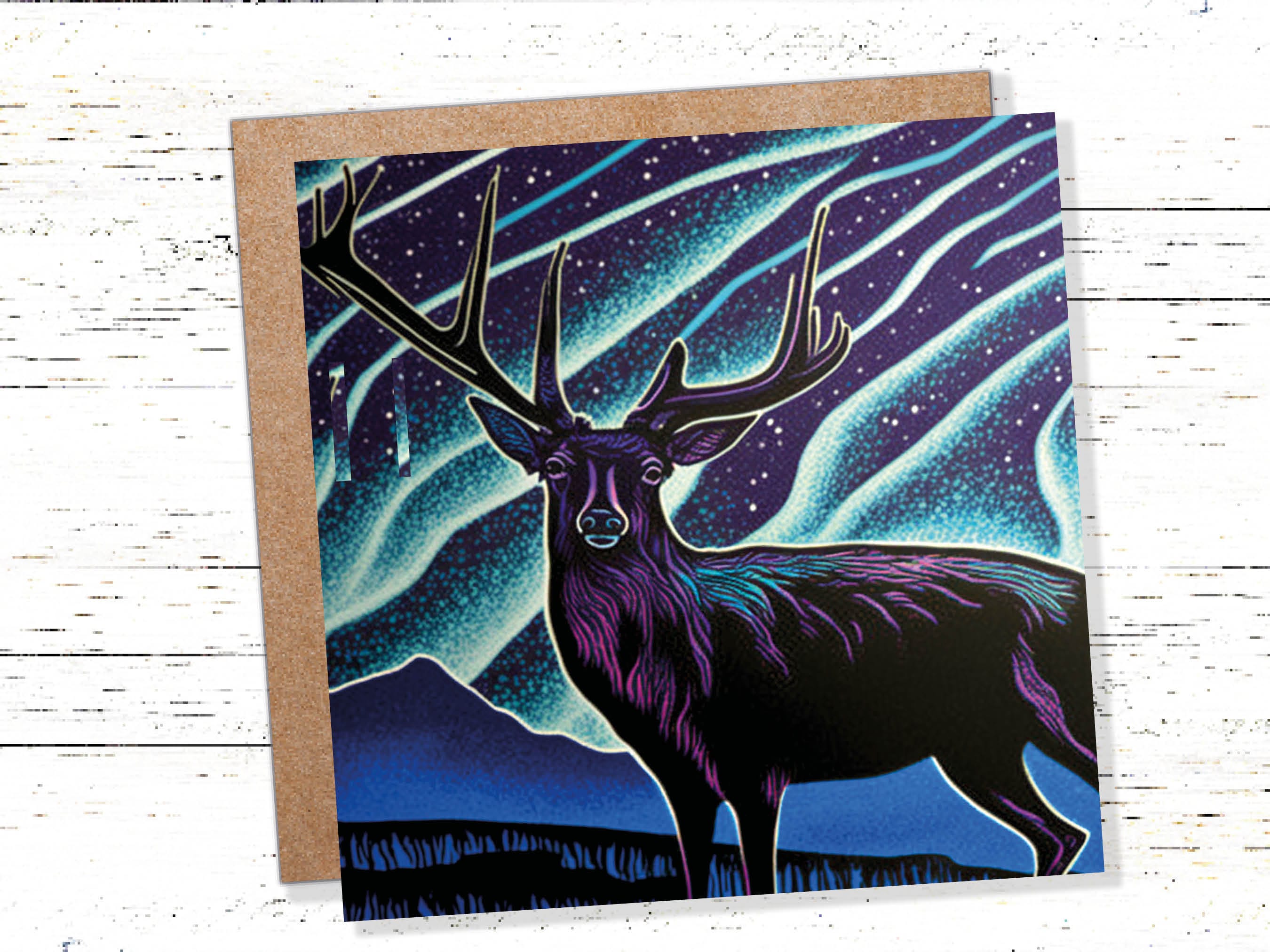 Linocut Deer Card Northern Lights Winter Landscape Night Sky Illustration Snowy Snow Scene Greetings For Family Friends Xmas 2025 Thank You - View 2