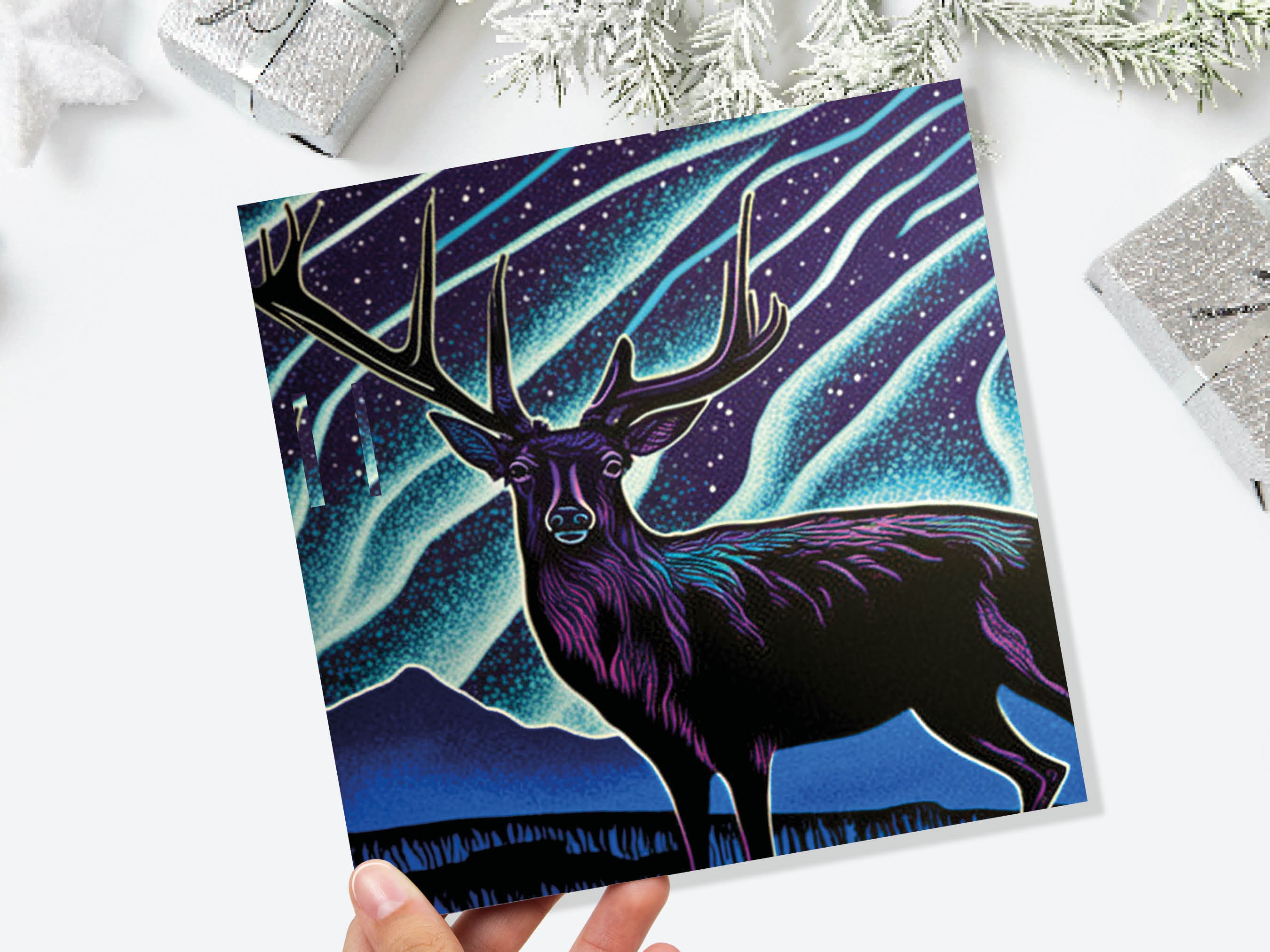 Linocut Deer Card Northern Lights Winter Landscape Night Sky Illustration Snowy Snow Scene Greetings For Family Friends Xmas 2025 Thank You - View 9
