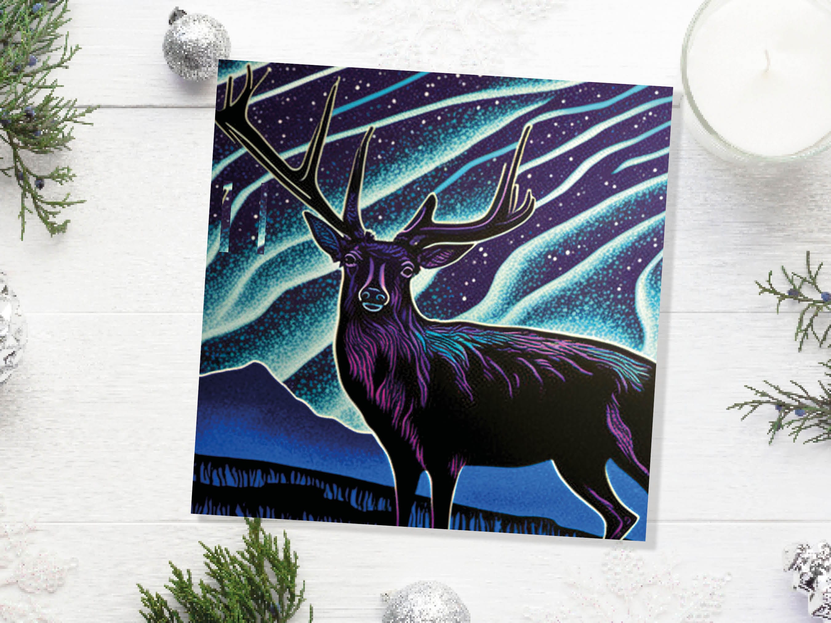 Linocut Deer Card Northern Lights Winter Landscape Night Sky Illustration Snowy Snow Scene Greetings For Family Friends Xmas 2025 Thank You - View 7