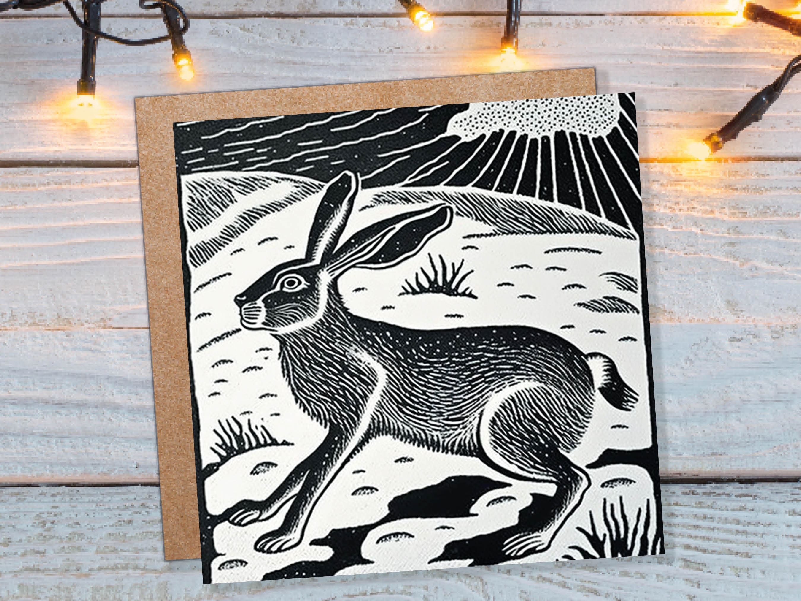Linocut Hare Card Black and White Snowy Winter Landscape Snow Scene Retro Mountains Sky Greetings For Family Friends Xmas 2025 Thank You - View 3