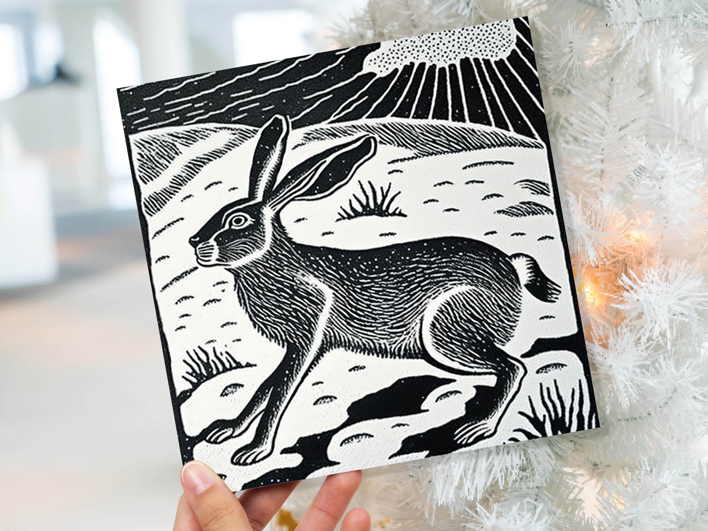 Linocut Hare Card Black and White Snowy Winter Landscape Snow Scene Retro Mountains Sky Greetings For Family Friends Xmas 2025 Thank You - View 2
