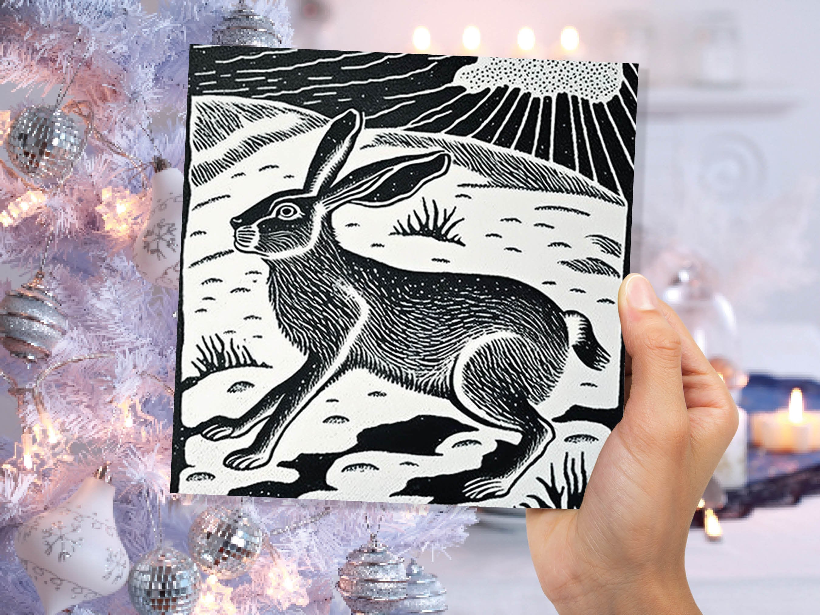 Linocut Hare Card Black and White Snowy Winter Landscape Snow Scene Retro Mountains Sky Greetings For Family Friends Xmas 2025 Thank You - View 5