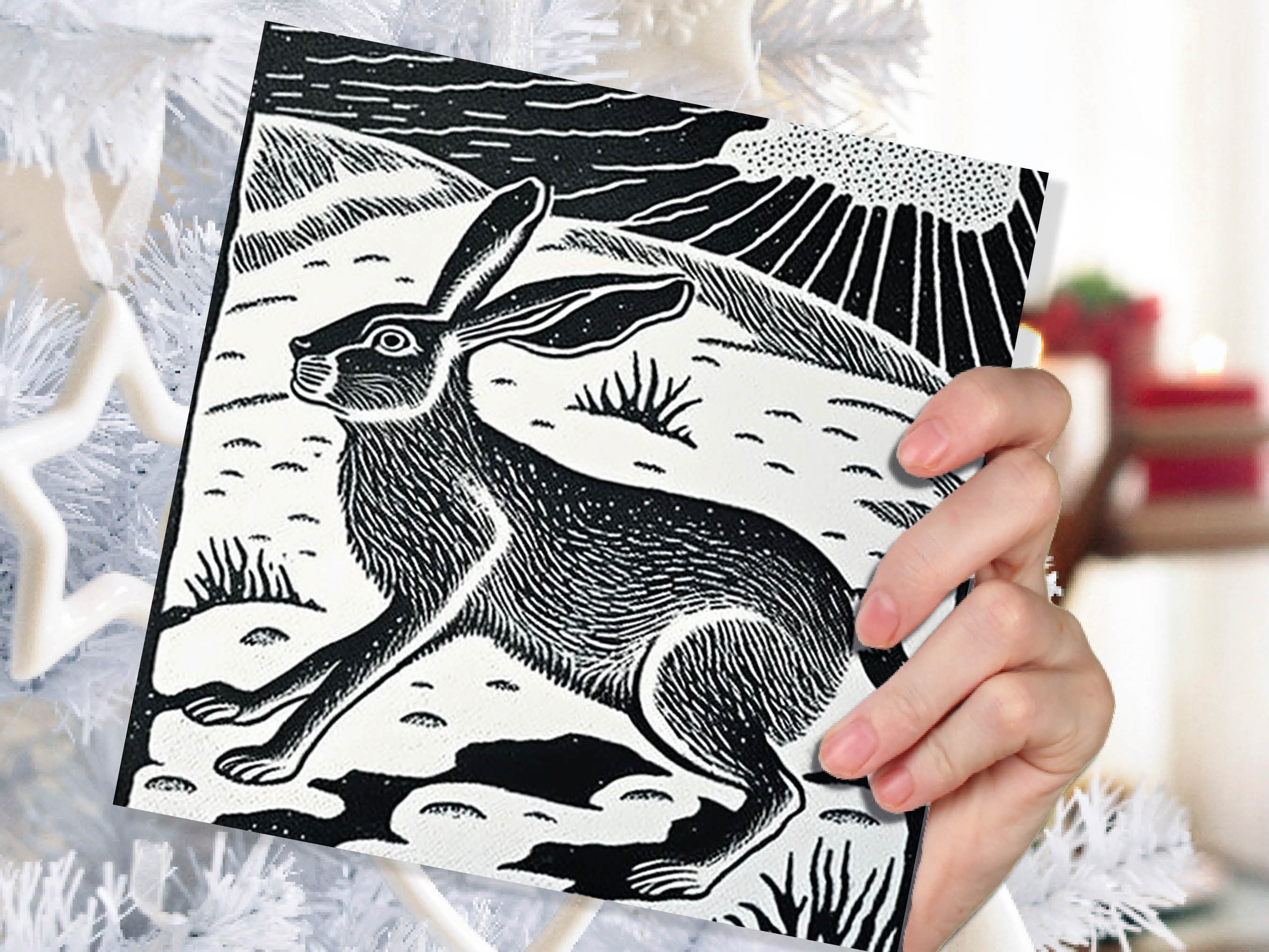 Linocut Hare Card Black and White Snowy Winter Landscape Snow Scene Retro Mountains Sky Greetings For Family Friends Xmas 2025 Thank You - View 7