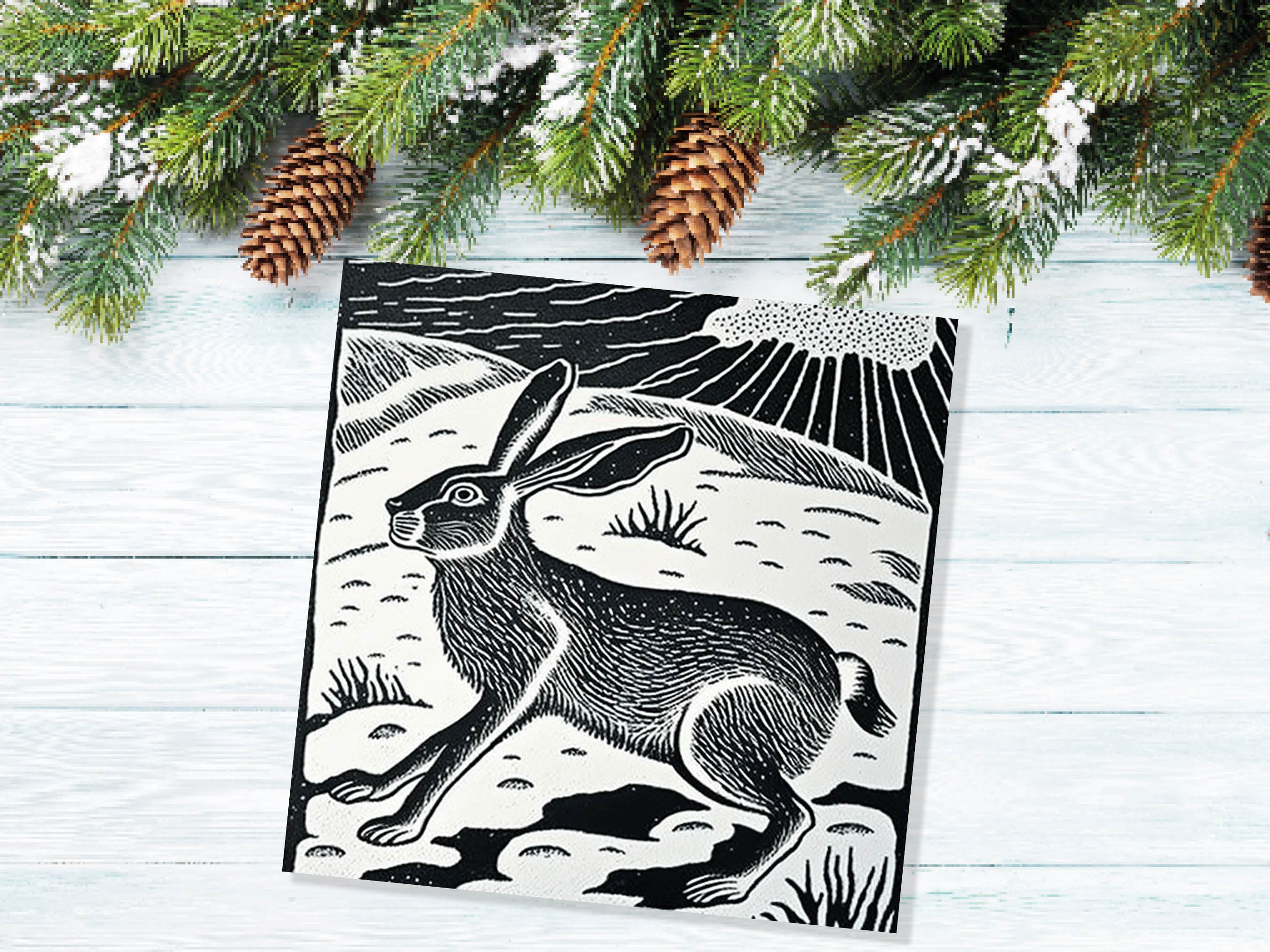 Linocut Hare Card Black and White Snowy Winter Landscape Snow Scene Retro Mountains Sky Greetings For Family Friends Xmas 2025 Thank You - View 6