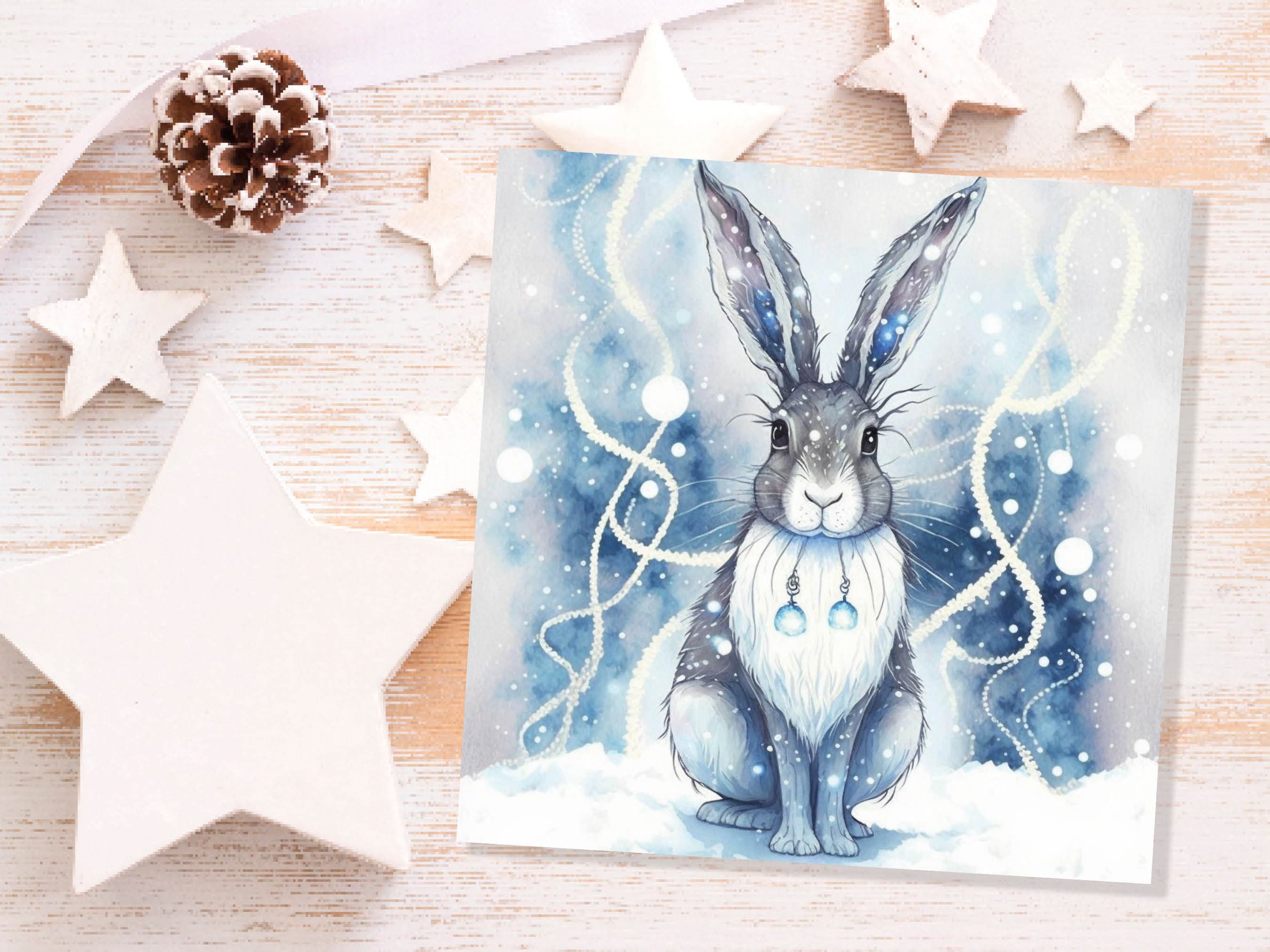 Magical Hare Card Beautiful Blue Winter Watercolour Snow Scene Snowy Lights Festive Rabbit Greetings Card For Family Friends Christmas 2025 - View 8