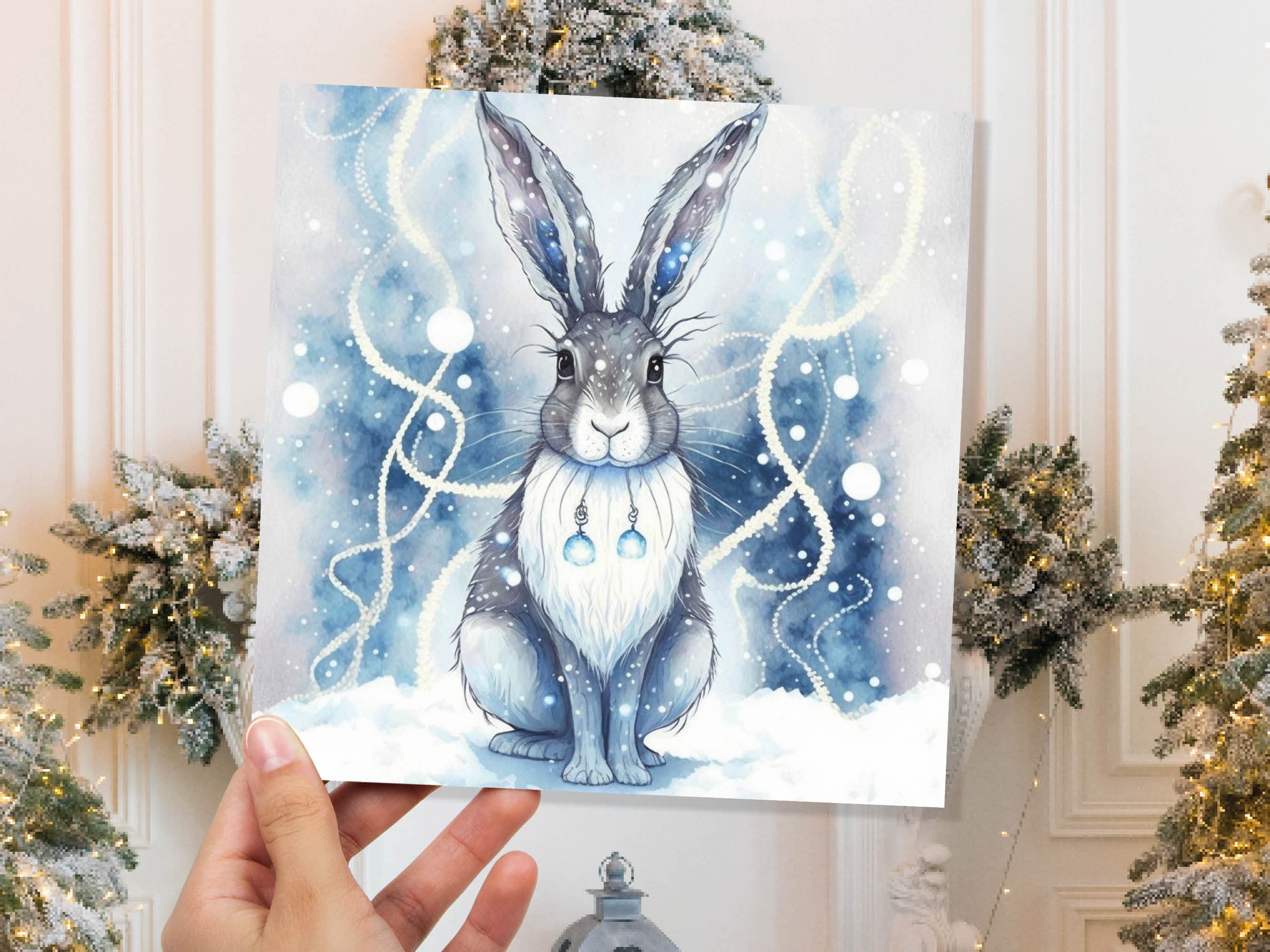 Magical Hare Card Beautiful Blue Winter Watercolour Snow Scene Snowy Lights Festive Rabbit Greetings Card For Family Friends Christmas 2025 - View 3