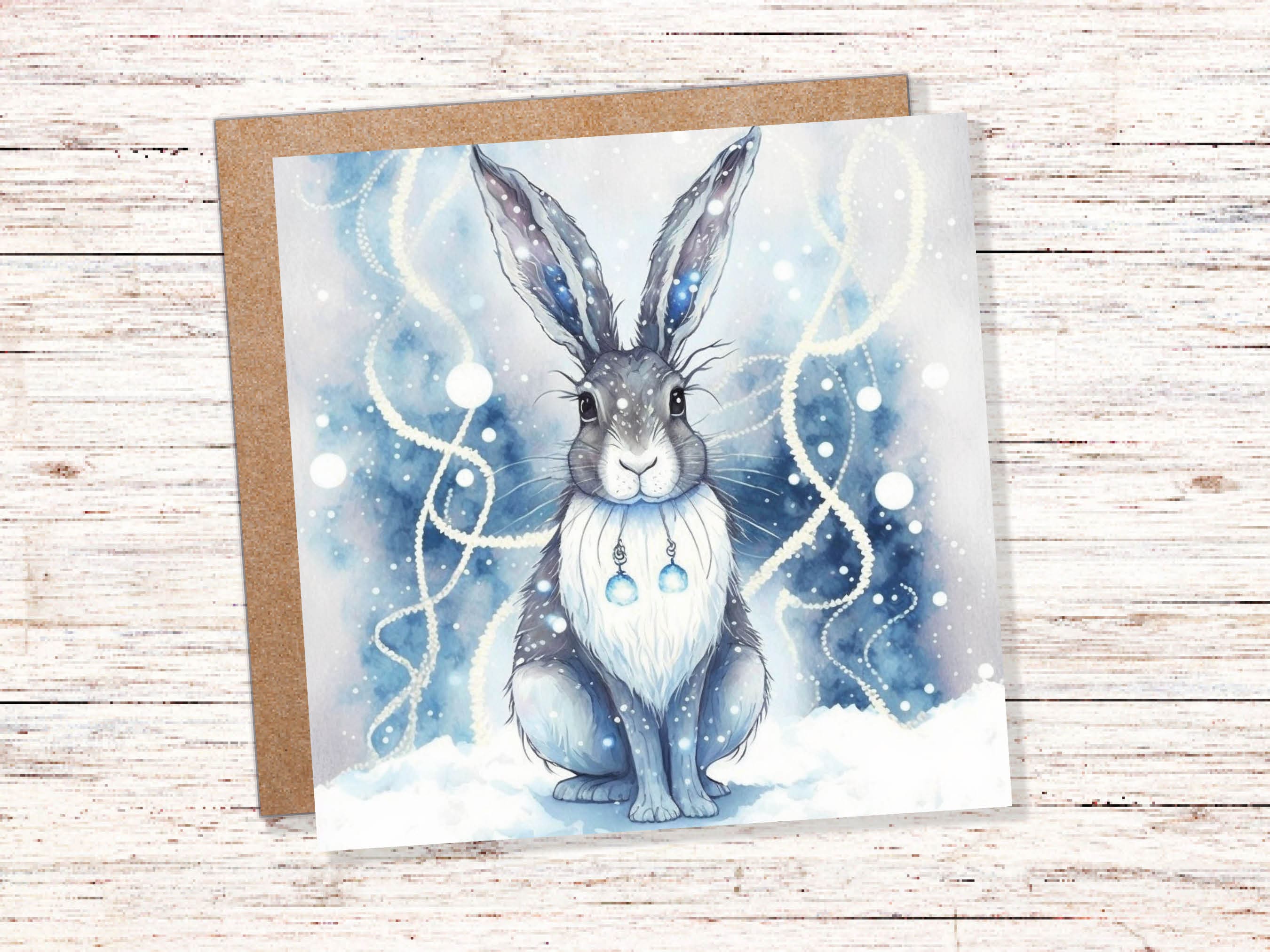 Magical Hare Card Beautiful Blue Winter Watercolour Snow Scene Snowy Lights Festive Rabbit Greetings Card For Family Friends Christmas 2025 - View 2