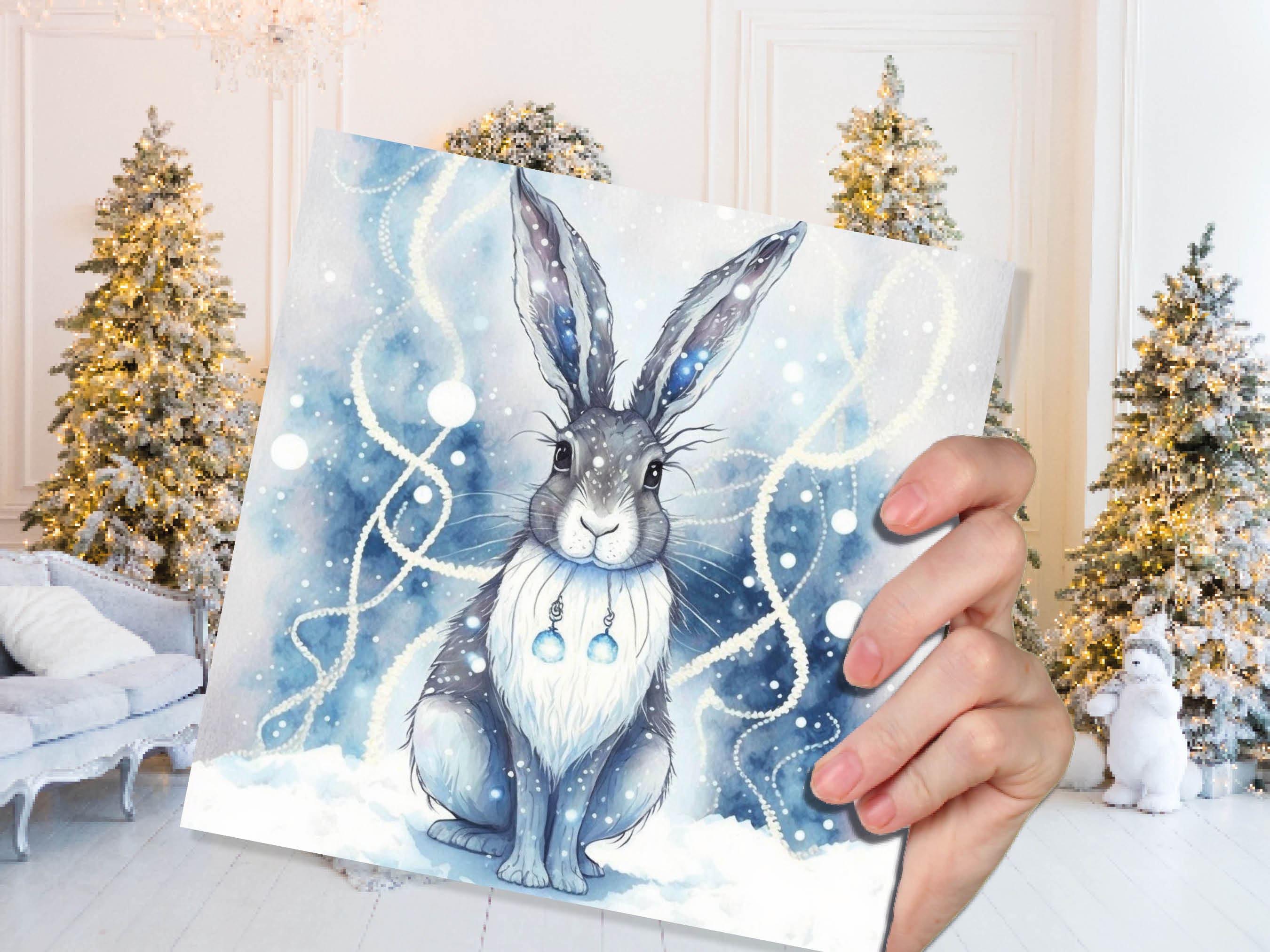 Magical Hare Card Beautiful Blue Winter Watercolour Snow Scene Snowy Lights Festive Rabbit Greetings Card For Family Friends Christmas 2025 - View 5