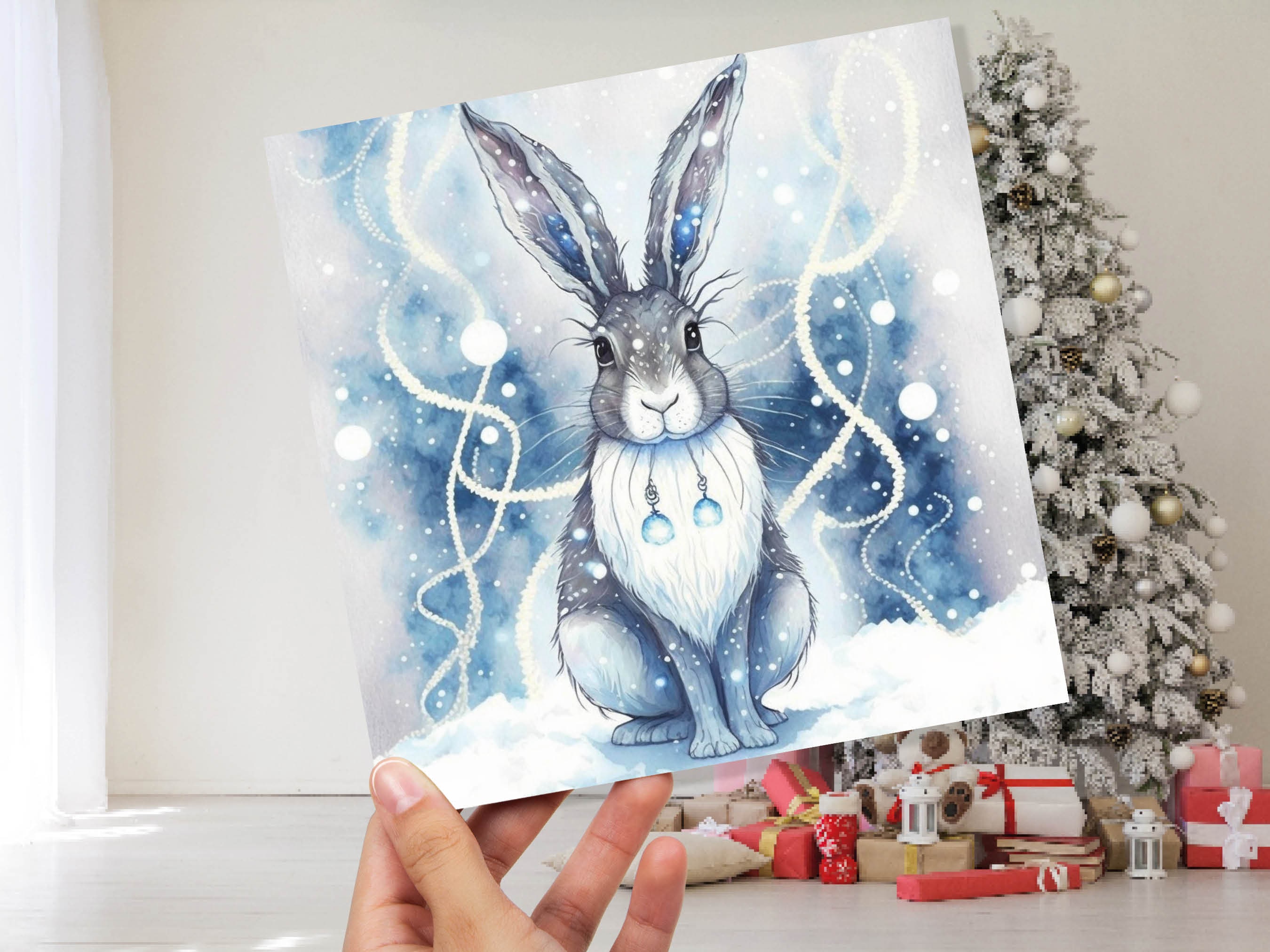 Magical Hare Card Beautiful Blue Winter Watercolour Snow Scene Snowy Lights Festive Rabbit Greetings Card For Family Friends Christmas 2025 - View 9