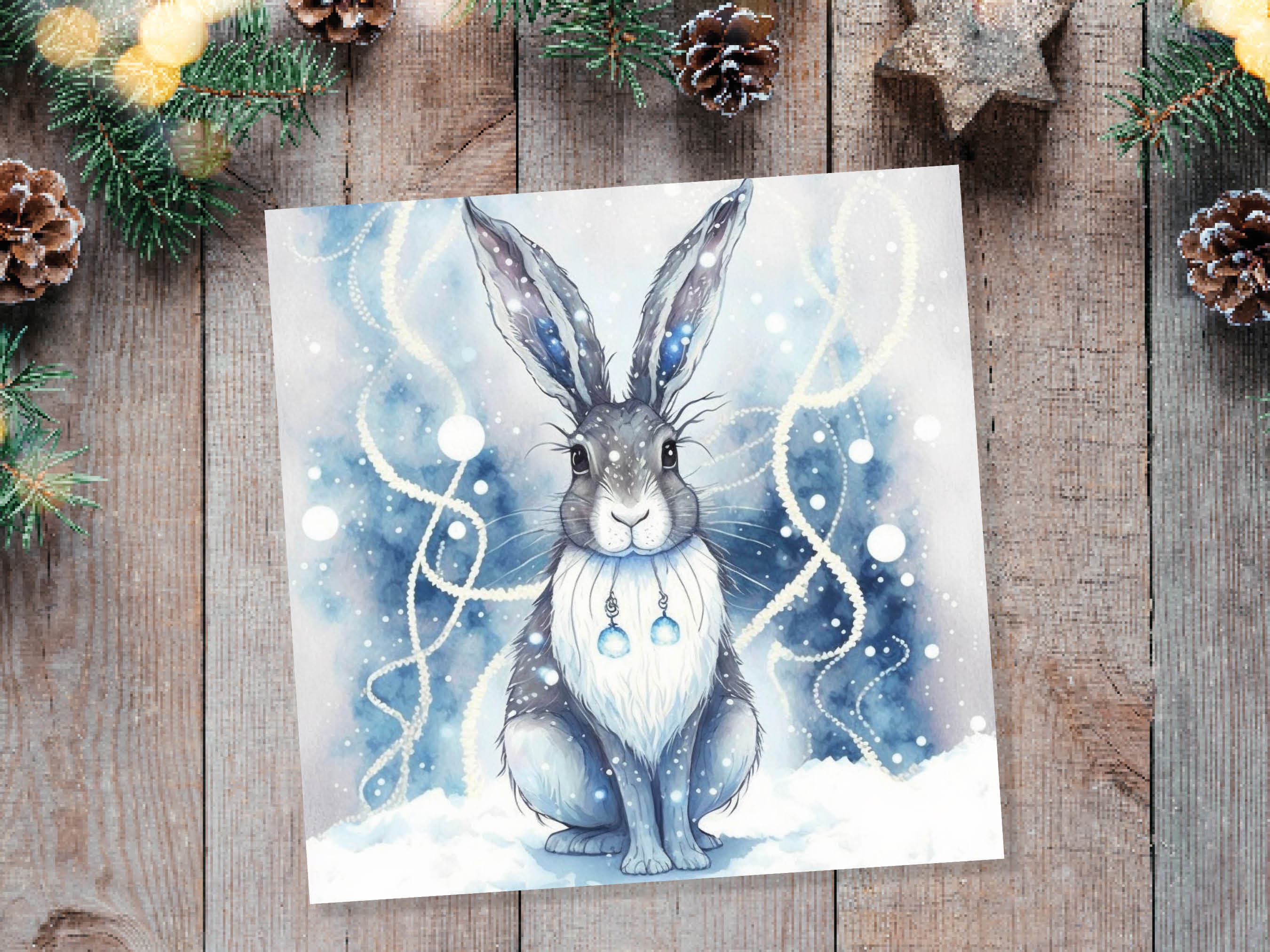 Magical Hare Card Beautiful Blue Winter Watercolour Snow Scene Snowy Lights Festive Rabbit Greetings Card For Family Friends Christmas 2025 - View 7