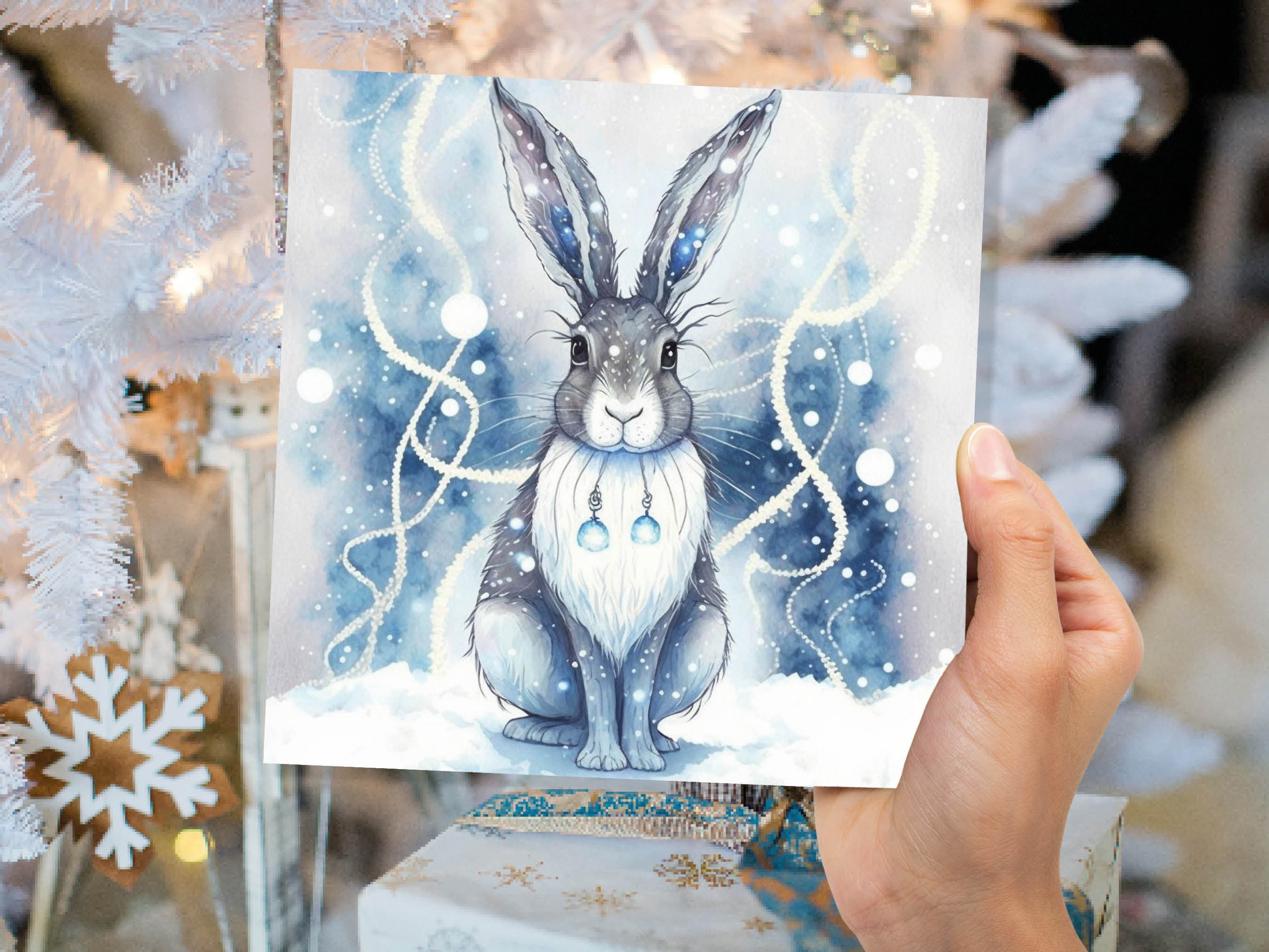 Magical Hare Card Beautiful Blue Winter Watercolour Snow Scene Snowy Lights Festive Rabbit Greetings Card For Family Friends Christmas 2025 - View 4