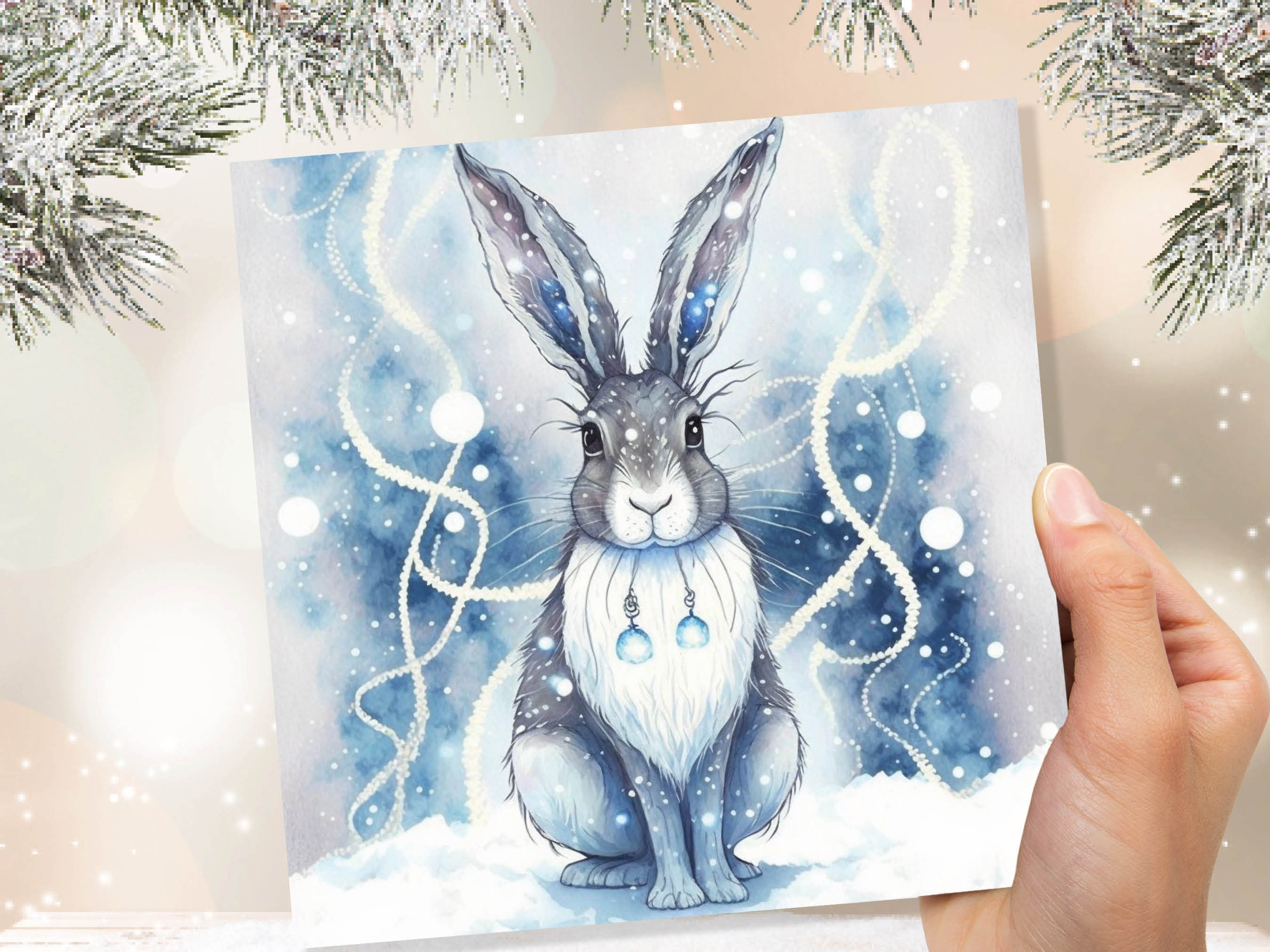 Magical Hare Card Beautiful Blue Winter Watercolour Snow Scene Snowy Lights Festive Rabbit Greetings Card For Family Friends Christmas 2025